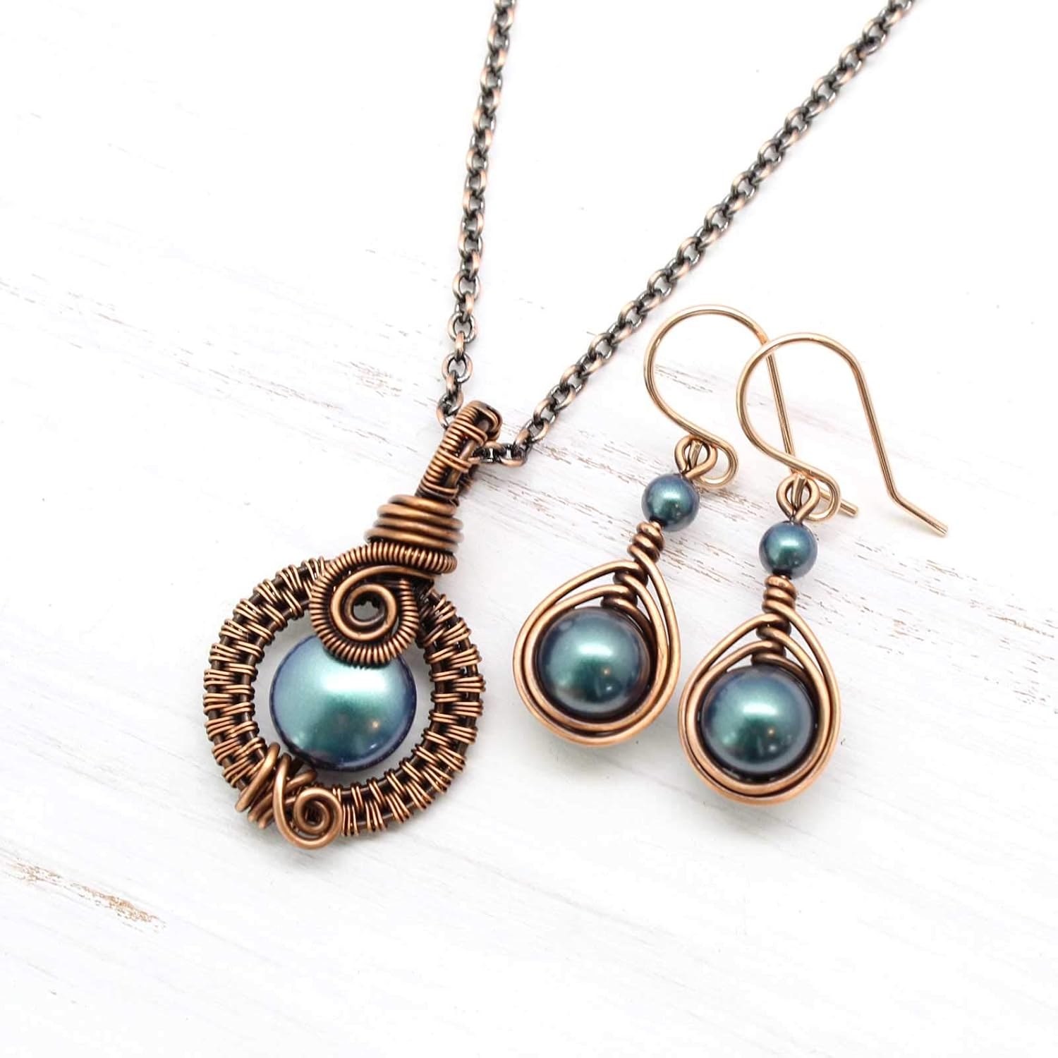 Pillar of Salt Studio Handcrafted Copper Jewelry Set Necklace and Earrings with Simulated Pearls (Iridescent Tahitian Look)