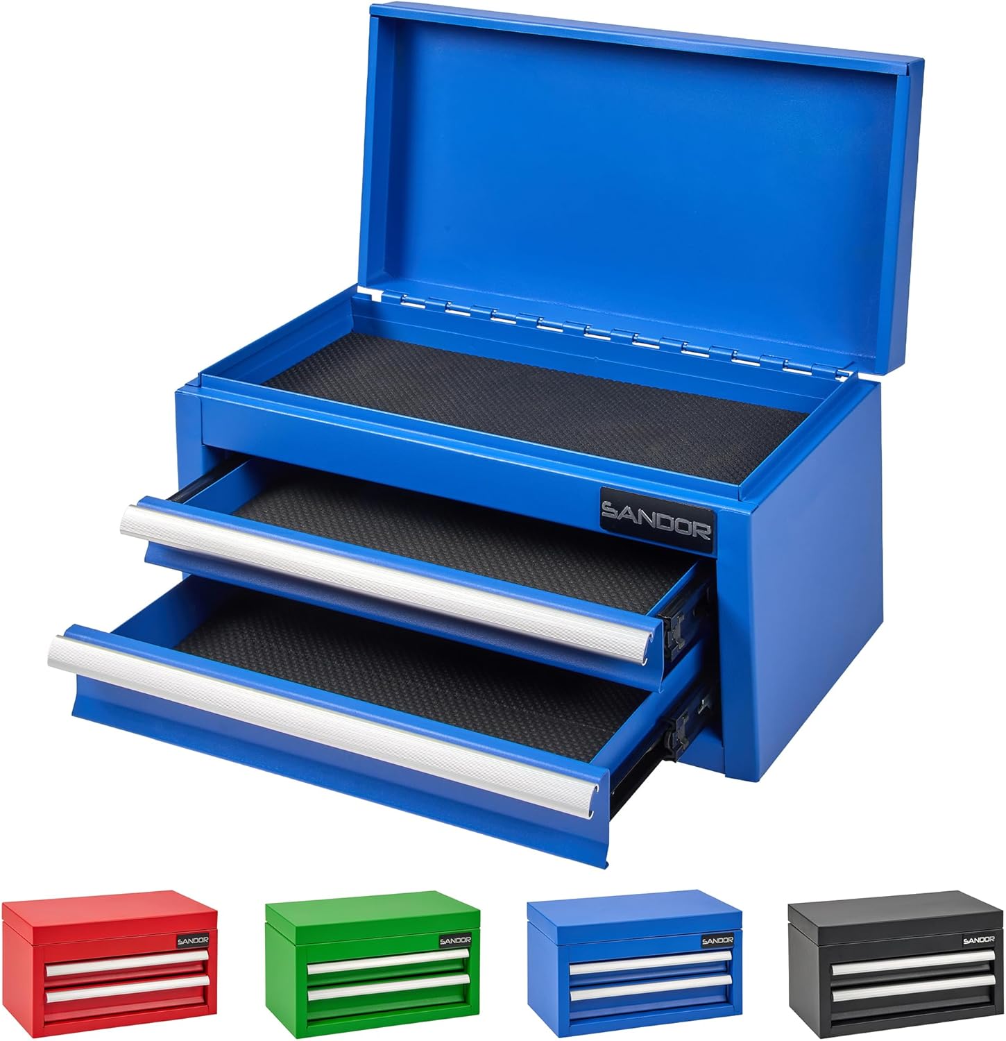 Mini Tool Box - Metal Tool Chest with 2 Drawers & PVC Drawer Liners for Workbench or Desk, Powder-Coated Steel Small Toolbox - Multi-Purpose Storage for Machinists Tools, DIY, 3D Printer Parts - Blue