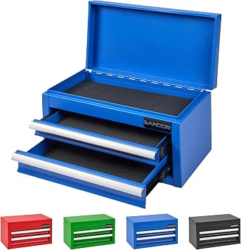 Mini Tool Box - Metal Tool Chest with 2 Drawers & PVC Drawer Liners for Workbench or Desk, Powder-Coated Steel Small Toolbox - Multi-Purpose Storage for Machinists Tools, DIY, 3D Printer Parts - Blue