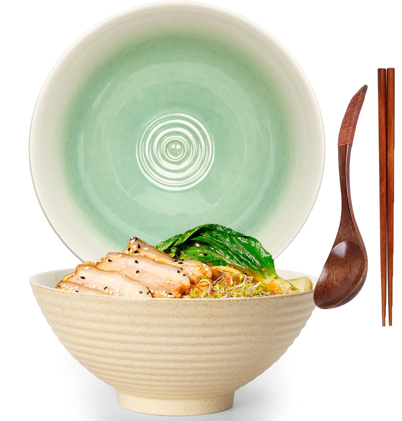 TuYines Ceramic Ramen Bowl, Ramen Bowl Set, Japanese Ramen Bowl with Spoon & Chopsticks, 1200 ml Soup Bowls, SaladBowl (Style F)