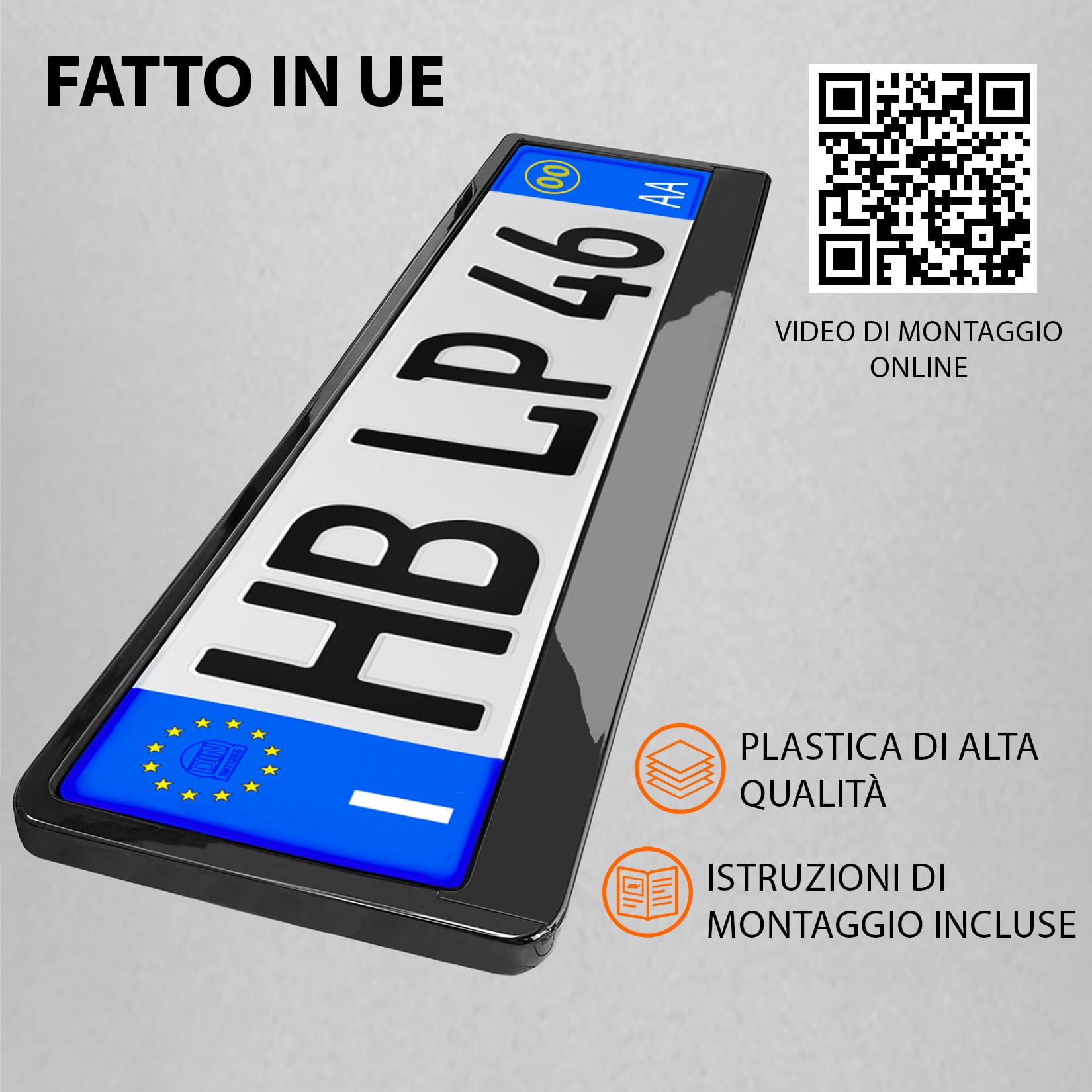 Portatarga Auto - Supporto Targa - [semplice, durevole e sicuro] - 8 viti - 520x110 mm - Nero brillante - Porta Targa - adatto a qualsiasi auto - per targhe italiane omologate - Fissaggio per Targa