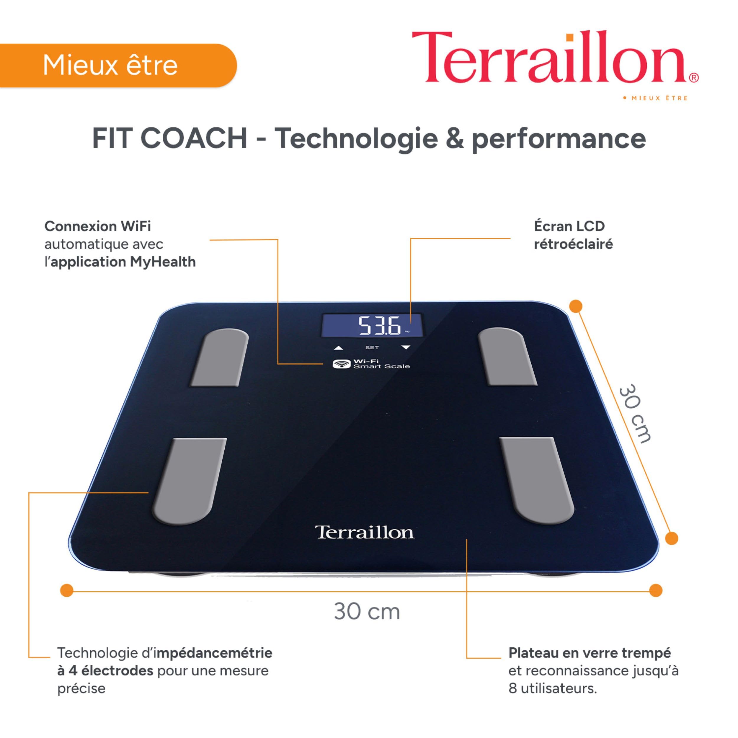 TERRAILLON Balance Pese personne Connectée Wifi FIT COACH | App Smartphone, Analyse Corporelle (IMC, graisse, musculaire, hydrique), Capacité 180 kg, Graduation 100g, Plateau 30x30 cm