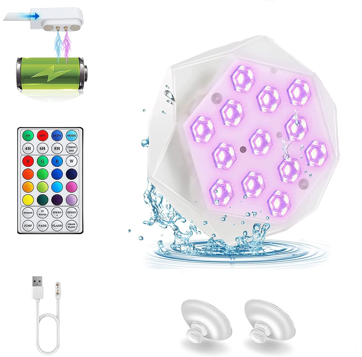 Pool Light, Rechargeable Magnetic Submersible Led Lights, IP68 Waterproof 13 Bright LED Beads 16 Coloured Changing Bath Spa Light with RF Remote Control for Pool Pond Fountains Bathroom Decor (1Pcs)