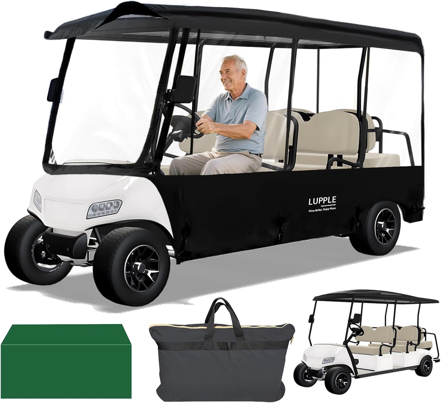 Universal Golf Cart Rain Cover, 6 8 Passenger Enclosure for EZGO, Club Car, Yamaha, ICON, Long Roof Compatible, All-Weather Rain Protection, Fast Install Keep Warm in Winter