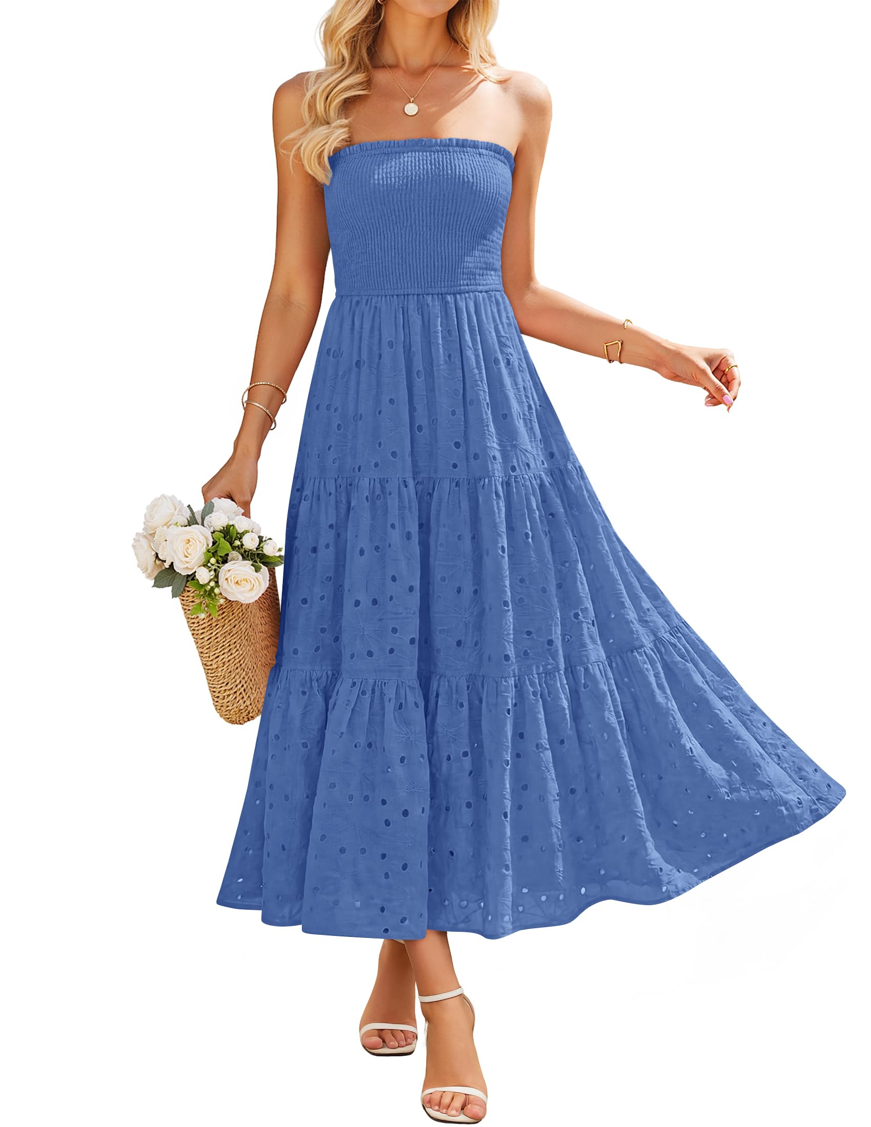ZESICA Womens 2026 Summer Boho Strapless Midi Dresses Off Shoulder Smocked Eyelet Wedding Guest Beach Long Dress Pockets Dustyblue Small