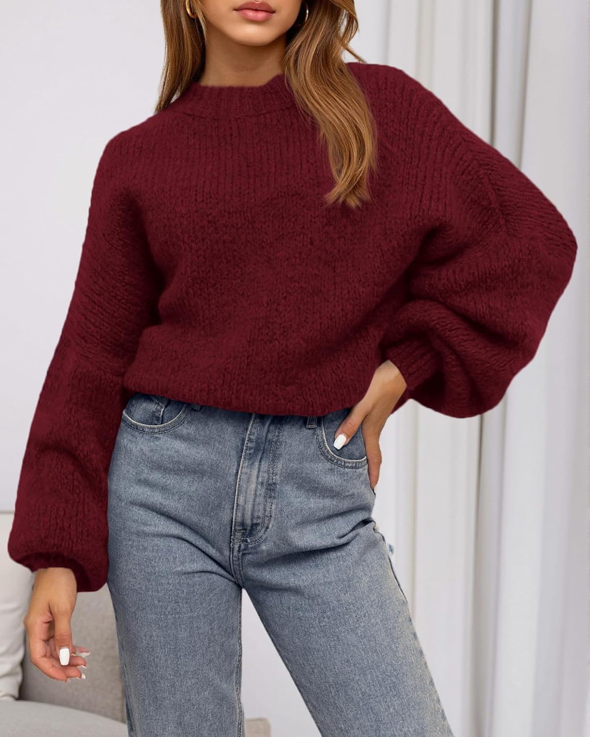 BTFBM Sweaters for Women Fall 2026 Crew Neck Lantern Long Sleeve Oversized Sweater Casual Knit Winter Pullover Tops - Image 5
