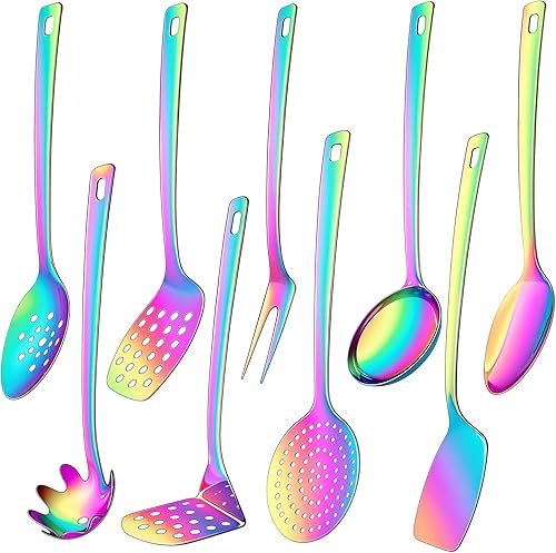 Juego de 9 utensilios de cocina de acero inoxidable de alta calidad, utensilios de cocina de metal, antiadherentes, resistentes al calor, cucharón,