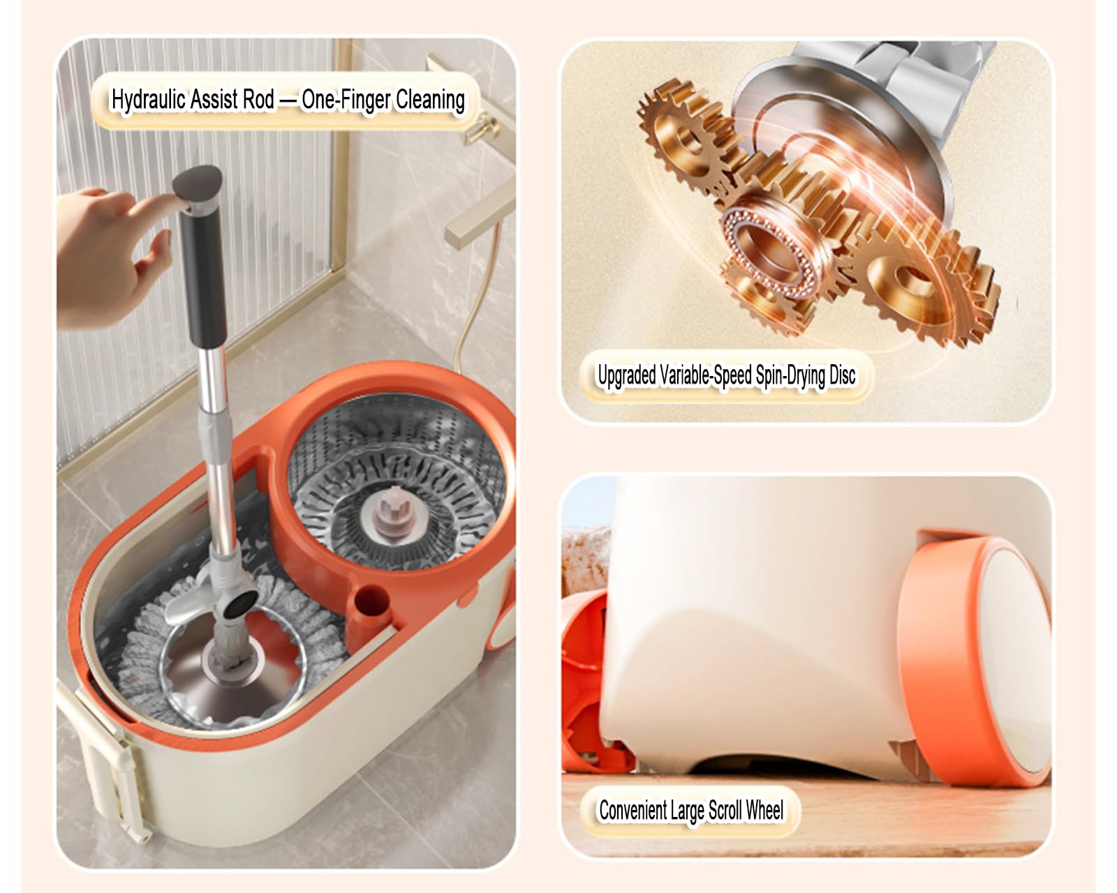 Juegos de Cubos y fregona giratoria de 360° con 2 Almohadillas Gruesas de Microfibra Reutilizables, Sistema de Limpieza Manos Libres con Cabezal de fregona de Microfibra,