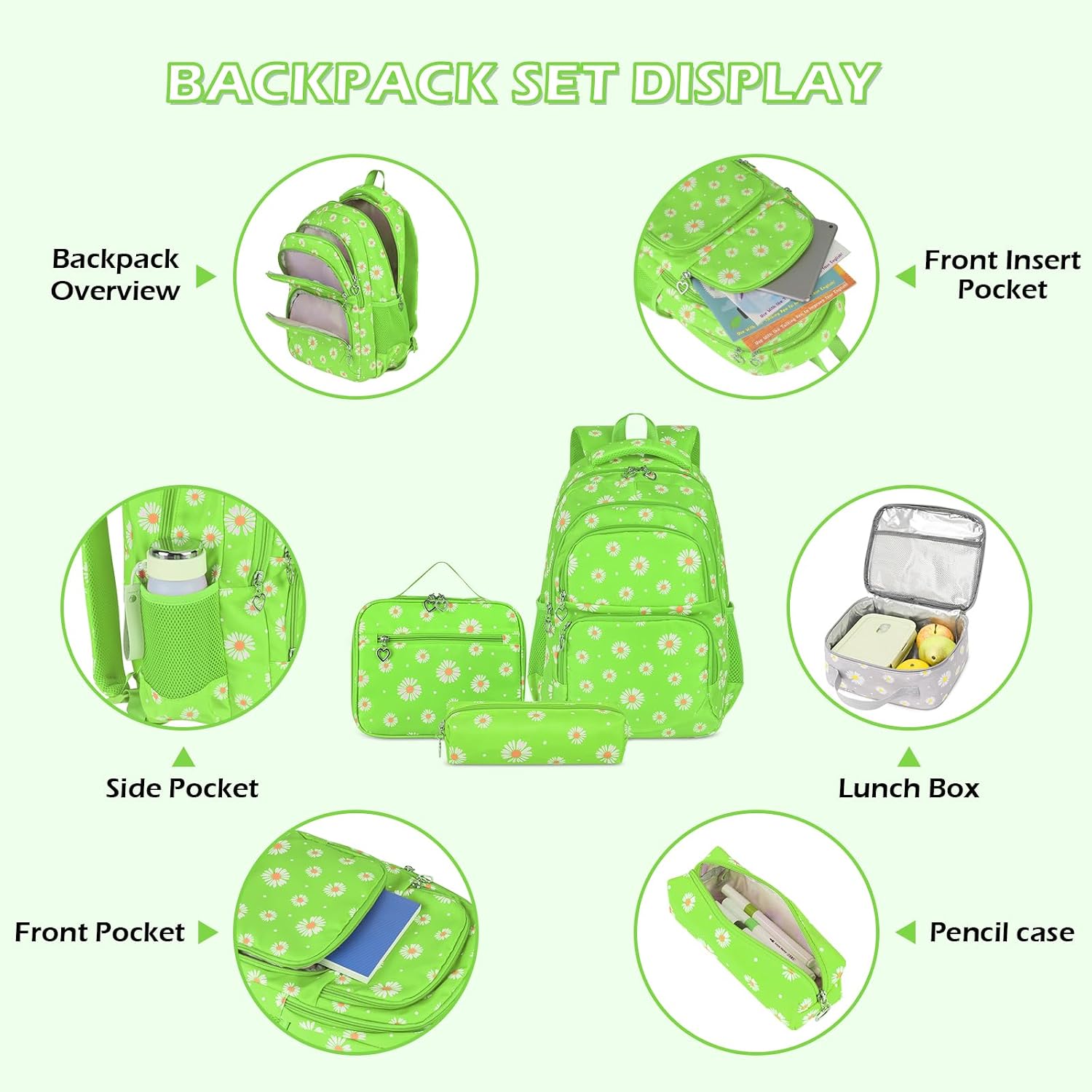 goldwheat Daisy Printed Backpacks With Lunch Pack Pencil Case 3pcs, Lightweight Water Resistant Bookbag For Middle School
