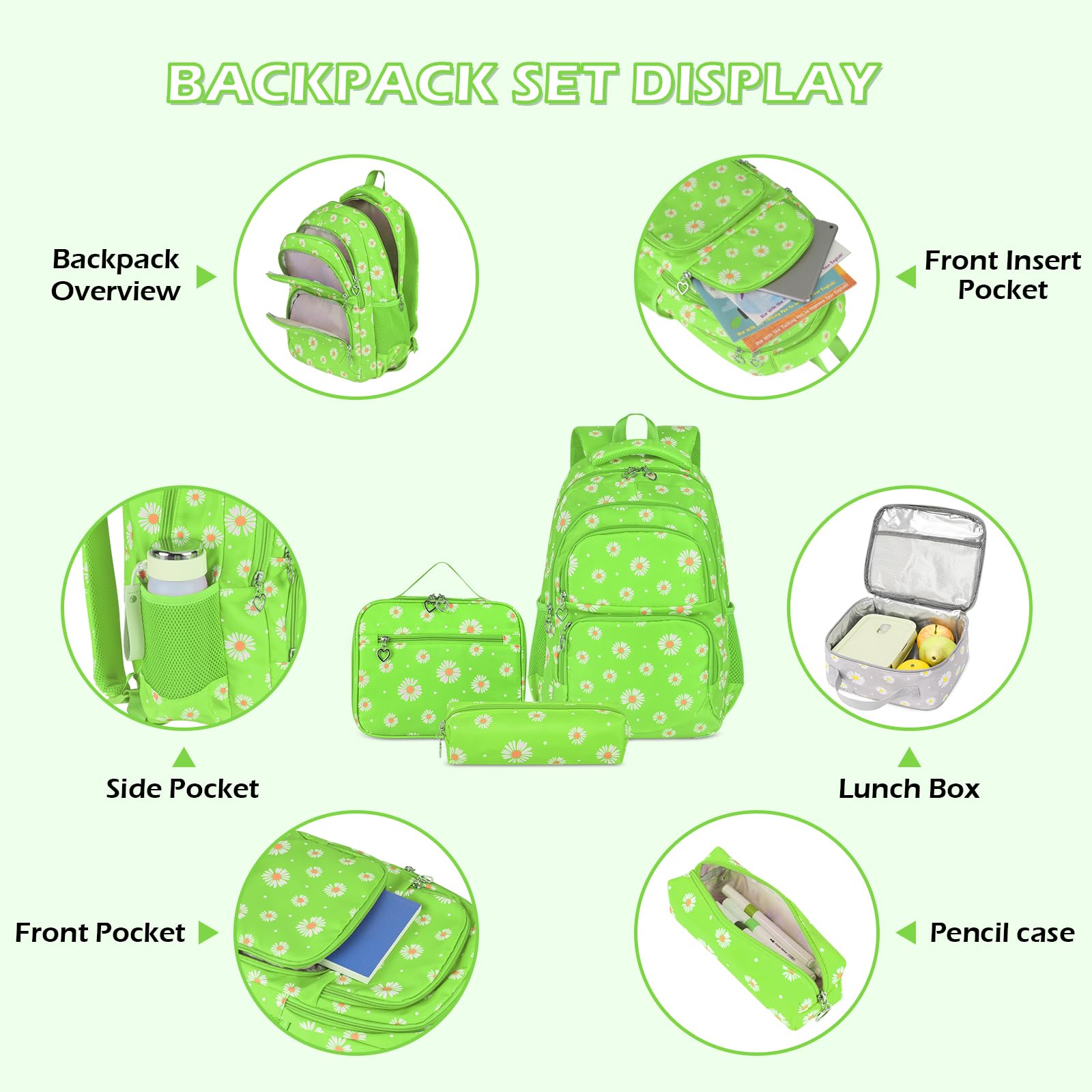 SIVENKE Set di zaino per la scuola con stampa di margherite, con borsa per il pranzo, astuccio, 3 pezzi, borse per la scuola per adolescenti, ragazze, ragazzi, scuola elementare, media, resistente