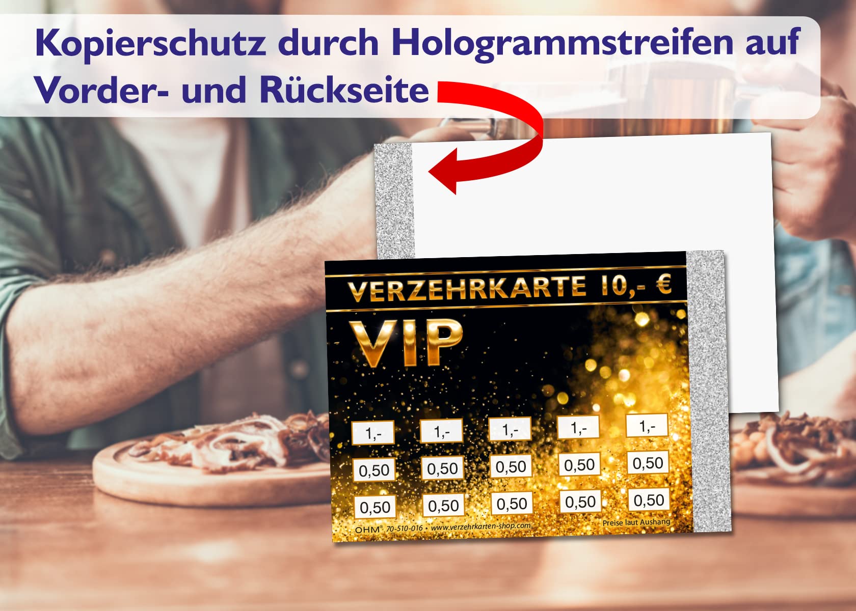 250 Verzehrkarten VIP Gesamtwert 10 Euro Einzelwerte 0,50/1,- | Kopierschutz durch Hologrammstreifen, DIN A7, Bezahl-Alternative zu Wertmarken für Veranstaltungen, Vereine und Gastronomie