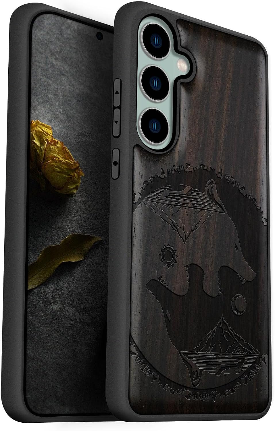 Carveit Wood Case for Galaxy S23 FE Case [Natural Wood & Black Soft TPU] Shockproof Protective Cover Unique Wooden Design Compatible with S23 FE (Floral Wallpaper-Walnut)