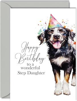 Giftzie Birthday Cards for Step Daughter, Party Hat Dog