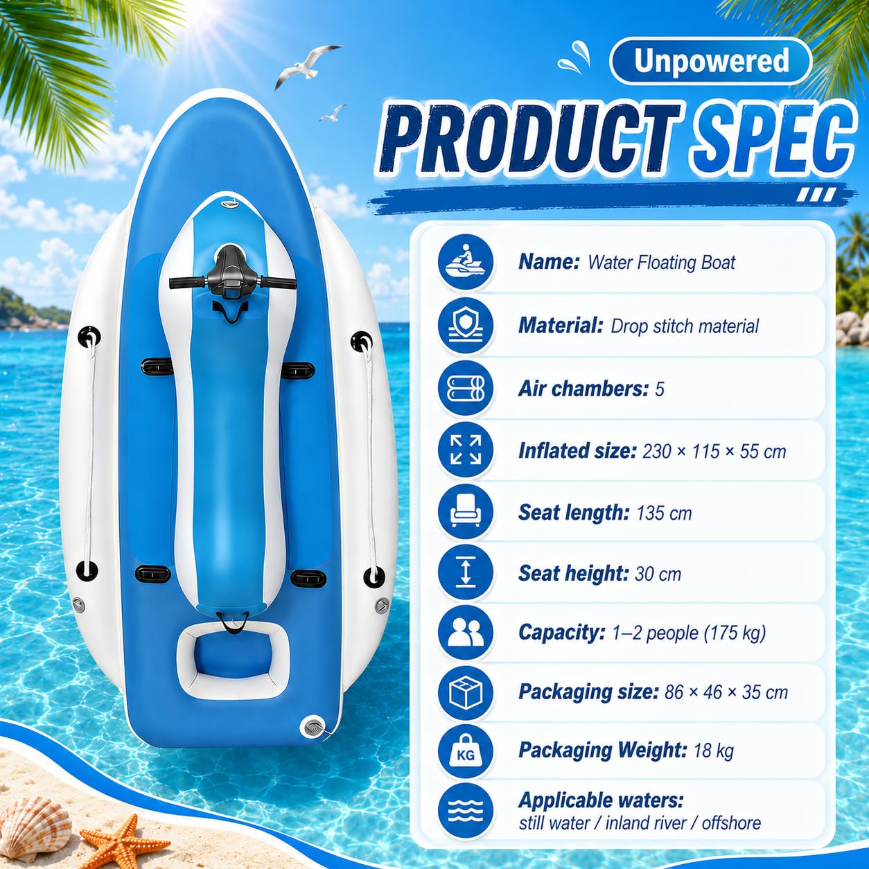Barca Hinchable Mejorada para Snorkel y Mar Unpowered | Descubrimiento aguas profundas, doble control, maniobras rápidas, snorkel oceánico, construcción exterior