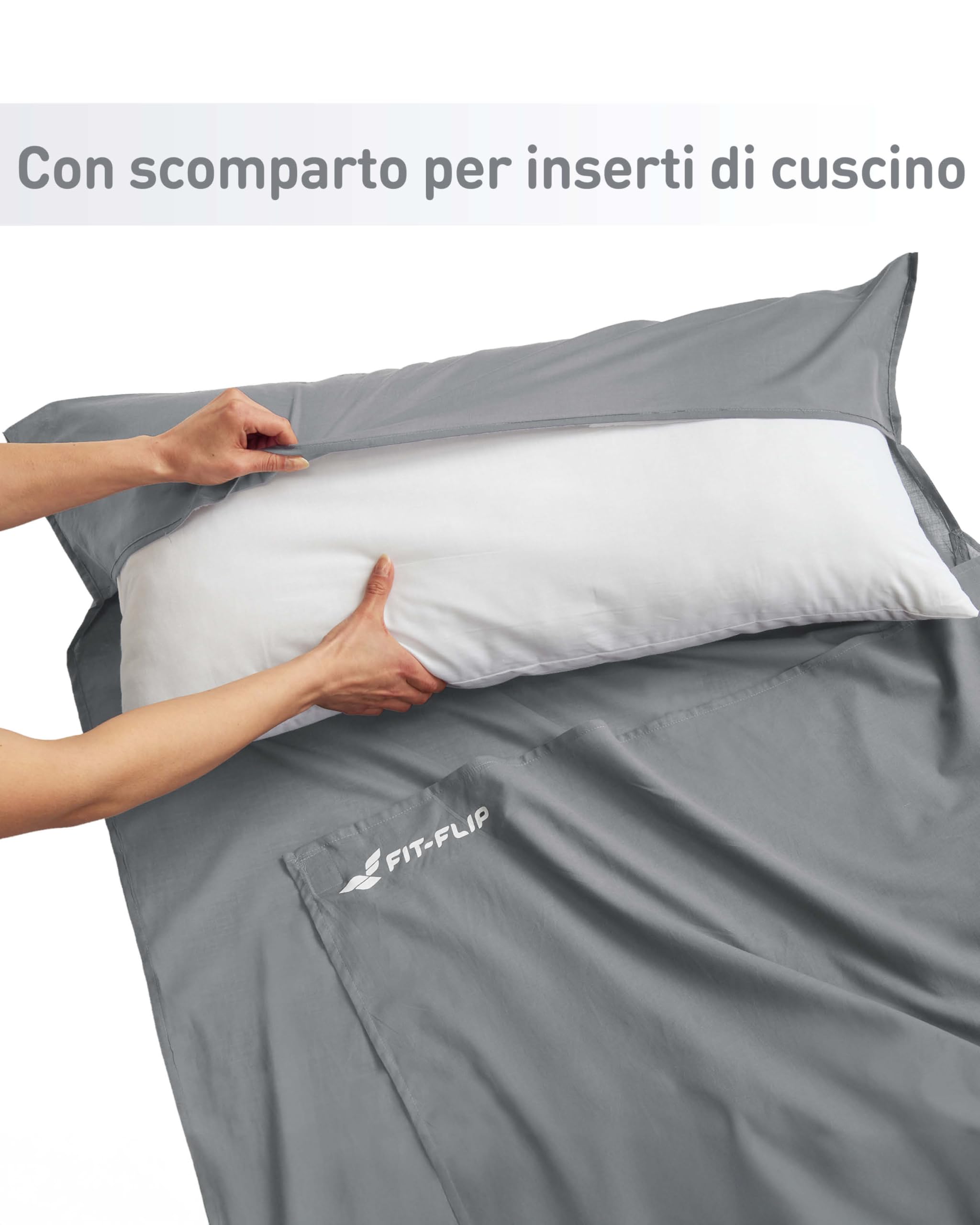 Fit-Flip Sacco Lenzuolo da Viaggio - 100% Cotone o Microfibra - Sacco a pelo con scomparto per cuscino - Sacco Letto singolo ultraleggero e compatto - Sacco a Pelo leggero Estivo