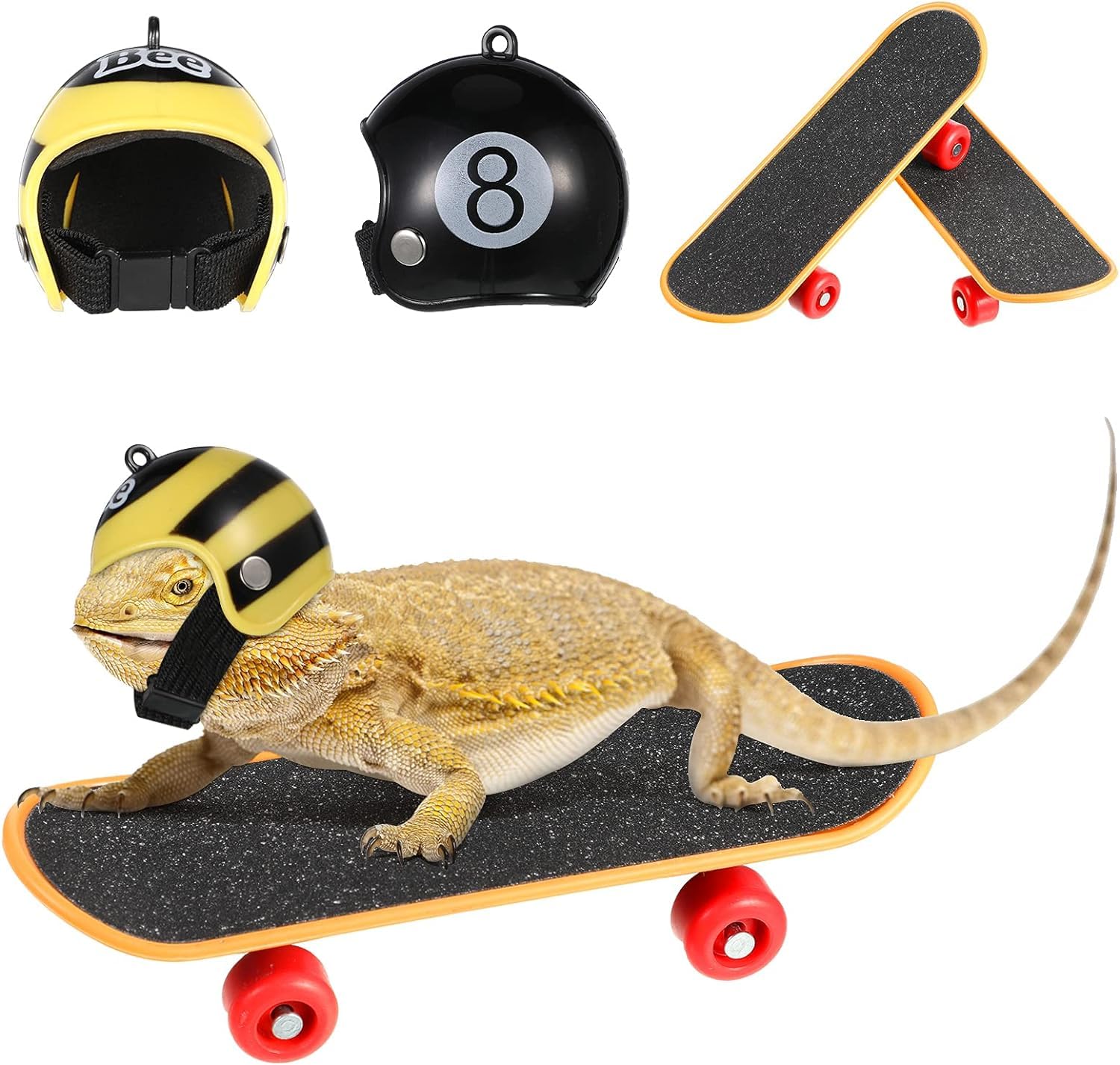 4 Pieces Bearded Dragon Accessories Bearded Dragon Funny Toy Lizard Helmet Hat and Mini Skateboard for Lizard Bearded Dragon Hamster Parrot Reptile Small Animals