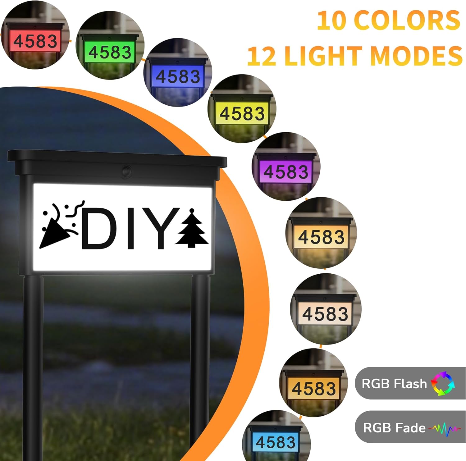 LumiZen Upgraded Solar Address Sign, House Numbers for Outside Double Side, 12-Color Modes Lighting Address Plaque Outdoor Waterproof, Illuminated LED Address Numbers with Stakes for Yard Home Mailbox