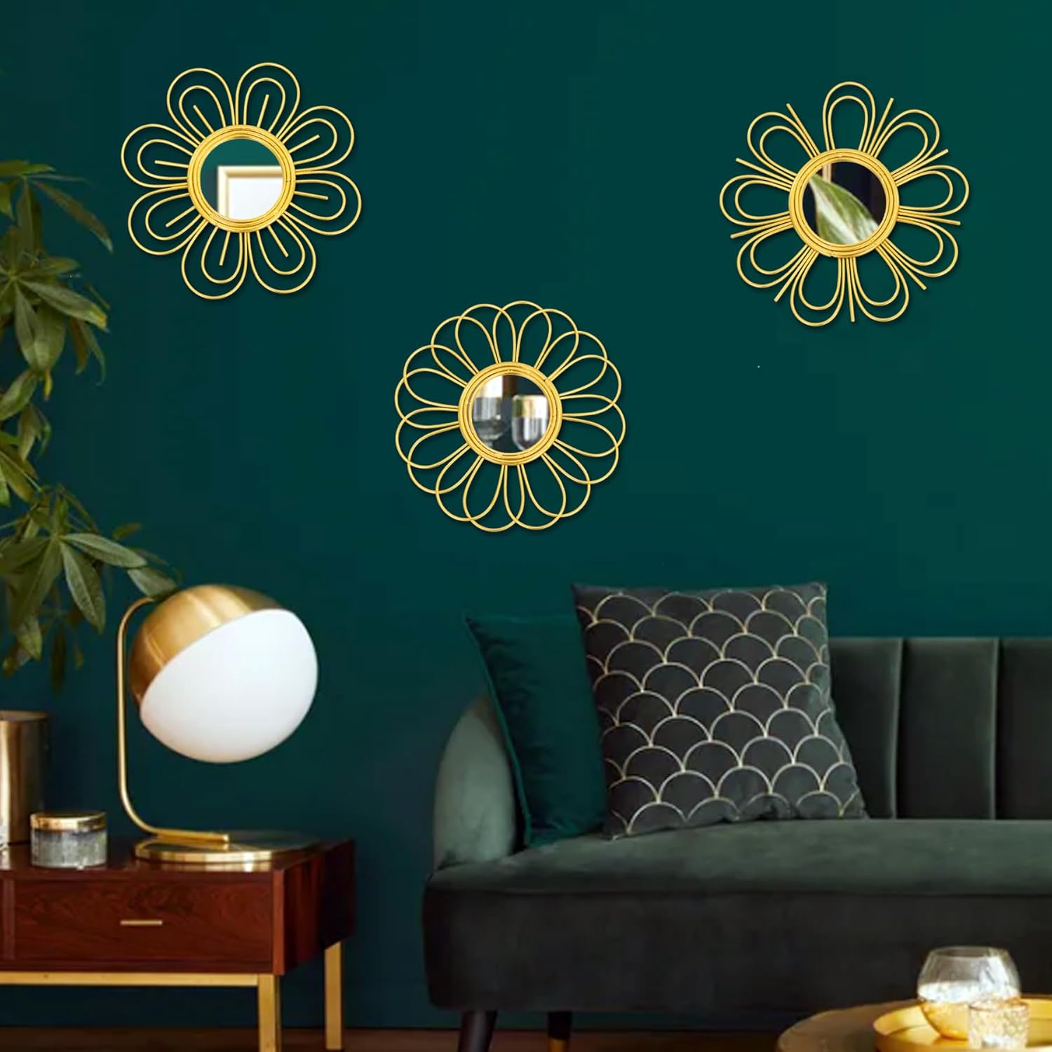 Gold Mirrors 3 Piece, 9 inch Flower-Shaped Mirror Hanging Wall Decor, Valentine Decorative Mirror Wall Art, Round Mirrors for Bedroom,Living Room,Bathroom, House Warming Valentine Gifts - Image 4