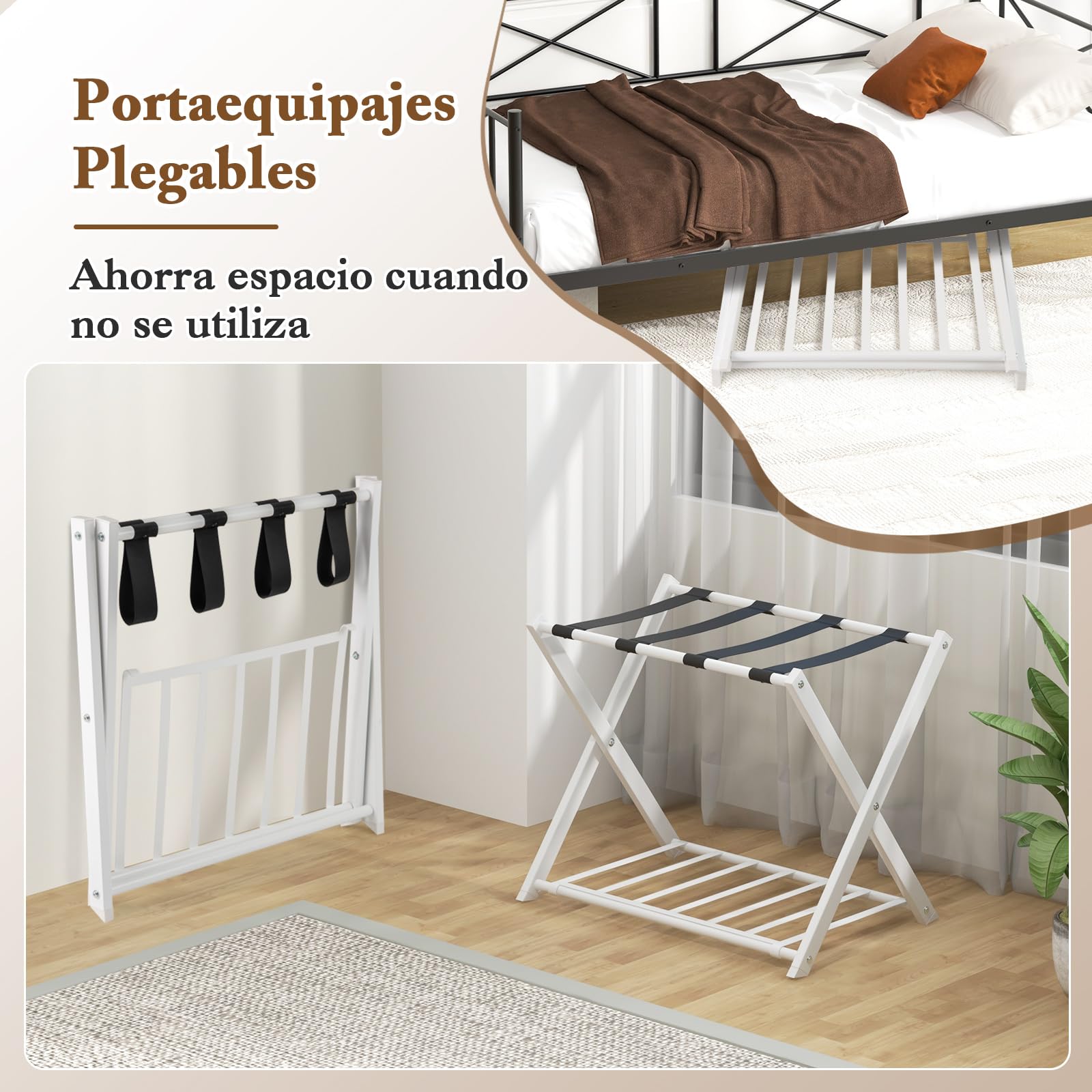 COSTWAY Soportes para Maletas Plegable, Estante Bastidor para Equipaje de Metal con 4 Correas para Hogar Hotel, Portaequipajes Plegable para Maleta, Reposa Maletas Hotel, 68 x 43 x 58 cm (2, blanco)