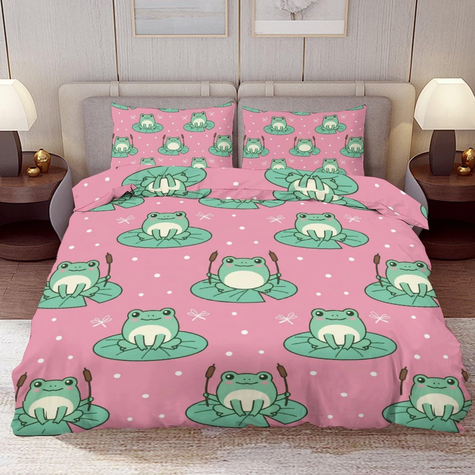 Delerain Comforter Cover Set Full Size, Chubby Frog on Lily Pad 3-Piece Bedding Set for Boys Girls Teens Modern Soft Microfiber Bedroom Set Room Decor, 1 Duvet Cover + 2 Pillowcases