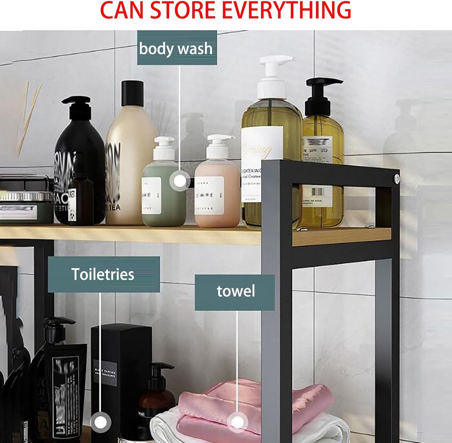 Space-Saving Shelf, Organizer for Bathroom with 2 Levels Above the Toilet, Organizer for Toilet Shelf, with Adjustable Feet, Washing Shelf, Space-Saving, Easy to Assemble (Colour: Black, Size : 1-