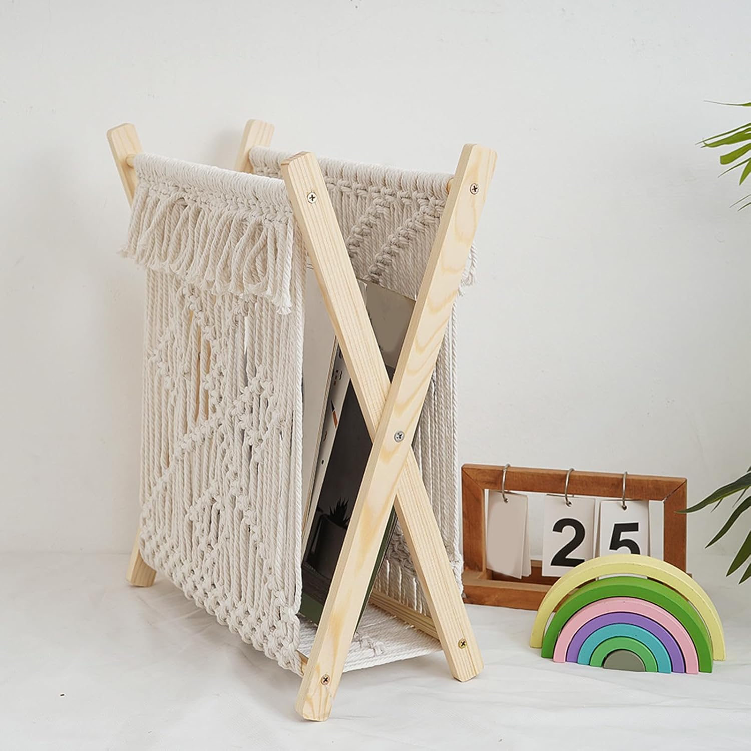 Stylish Decorative Magazine Rack Portable Macrames Desktop Storage Rack With Wood Frame For Books Magazines And More Storage