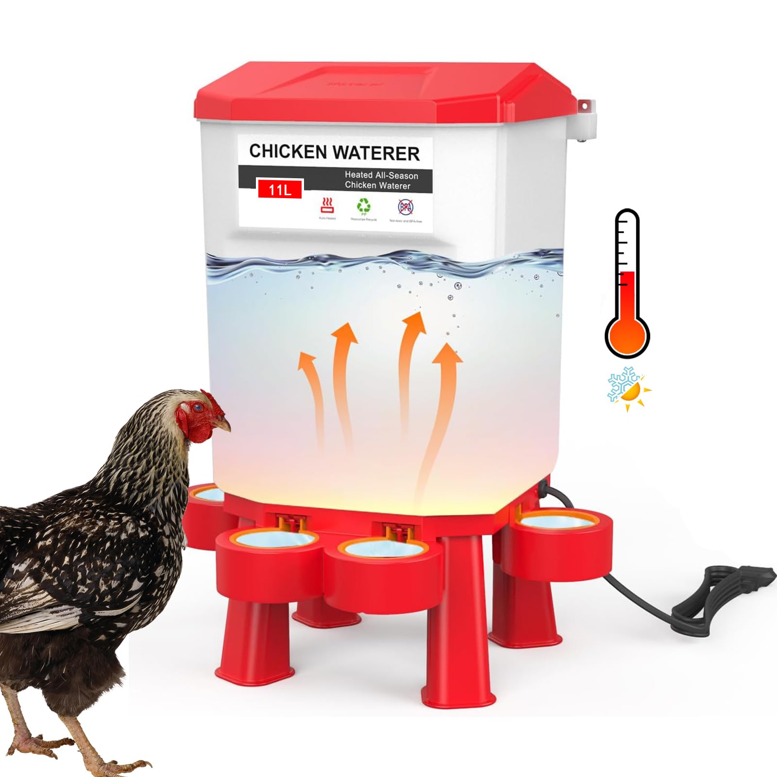 FXiaoy Heated Chicken Waterer, Automatic Poultry Waterer, 11L (Red, 11L)