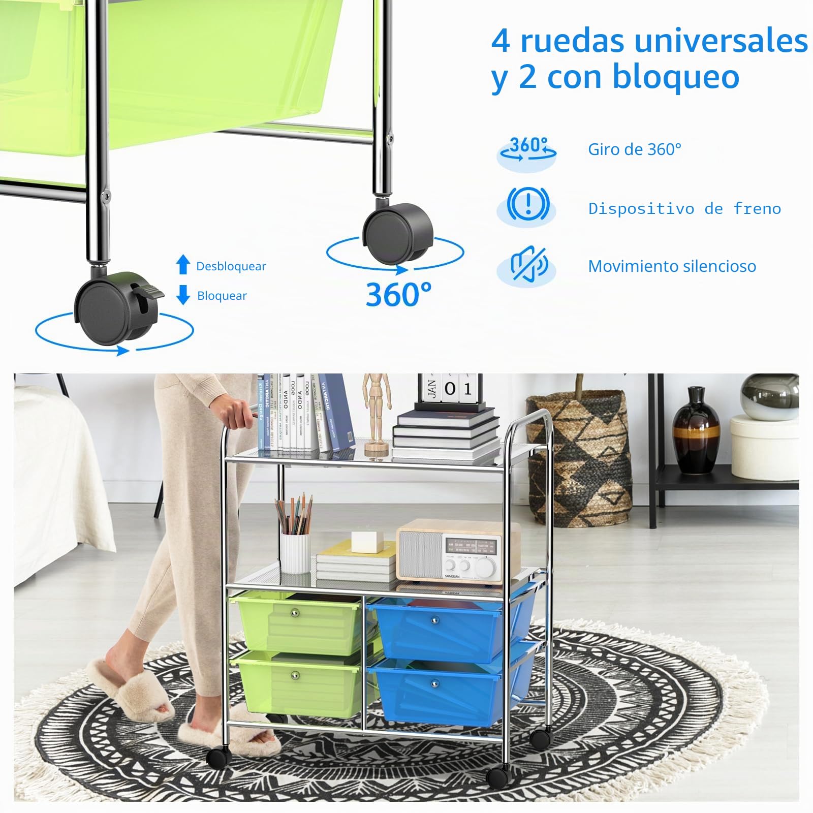 GIANTEX Carro con 4 cajones apilable, con 2 estantes y estructura de metal, carrito de baño con ruedas bloqueables, 63,5 x 37 x 75 cm
