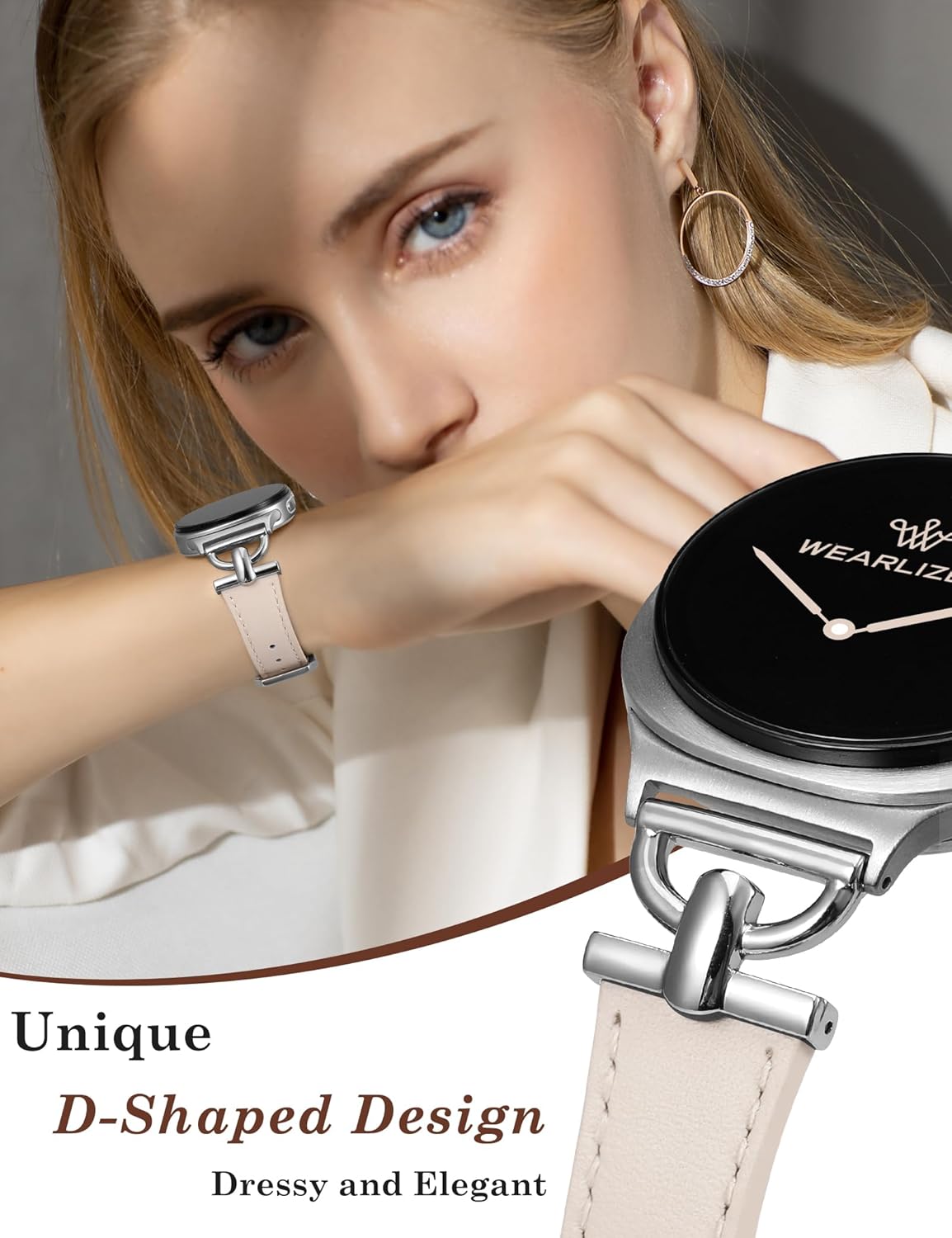 Wearlizer Leather Bands Compatible with Samsung Galaxy Watch 8 Band 40mm 44mm/Watch 8 Classic 46mm, Dressy Designer Slim Leather Strap Wristband Accessories with D-Shape Metal Buckle for Women - Image 3