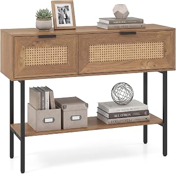COSTWAY Rattan Console Table, Boho Slim Entryway Table with Flip Doors, Storage Compartments & Open Shelf, 100cm Metal Frame Narrow Behind Couch Sofa Tables for Hallway, Foyer, Living Room Natural