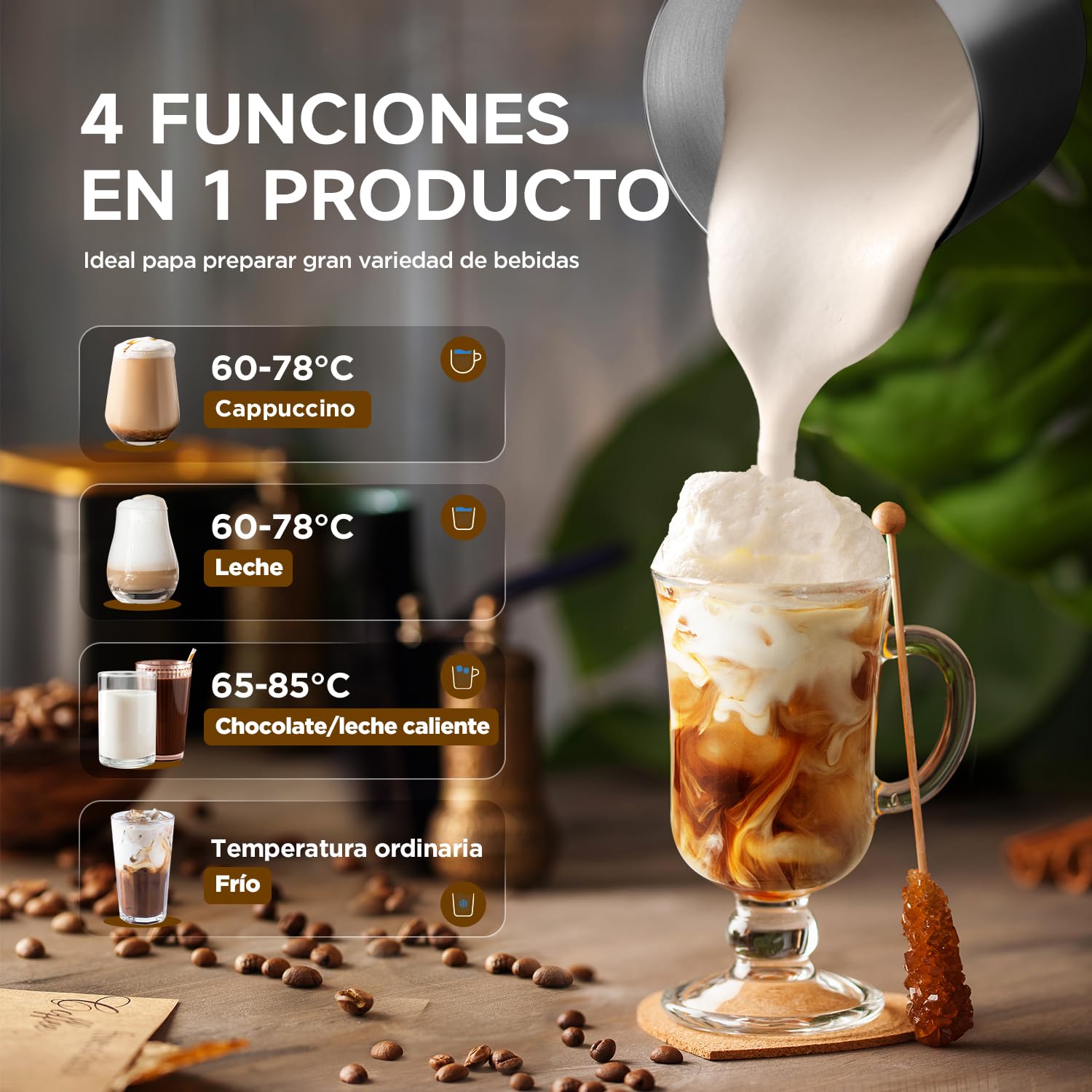 Espumador de Leche 500ml Eléctrico, Hacedor Automático de Espuma Caliente y Fría, Calentador de Leche, Máquina de Chocolate Caliente, Acero Inoxidable de Grado Alimentario,Acero inoxidable