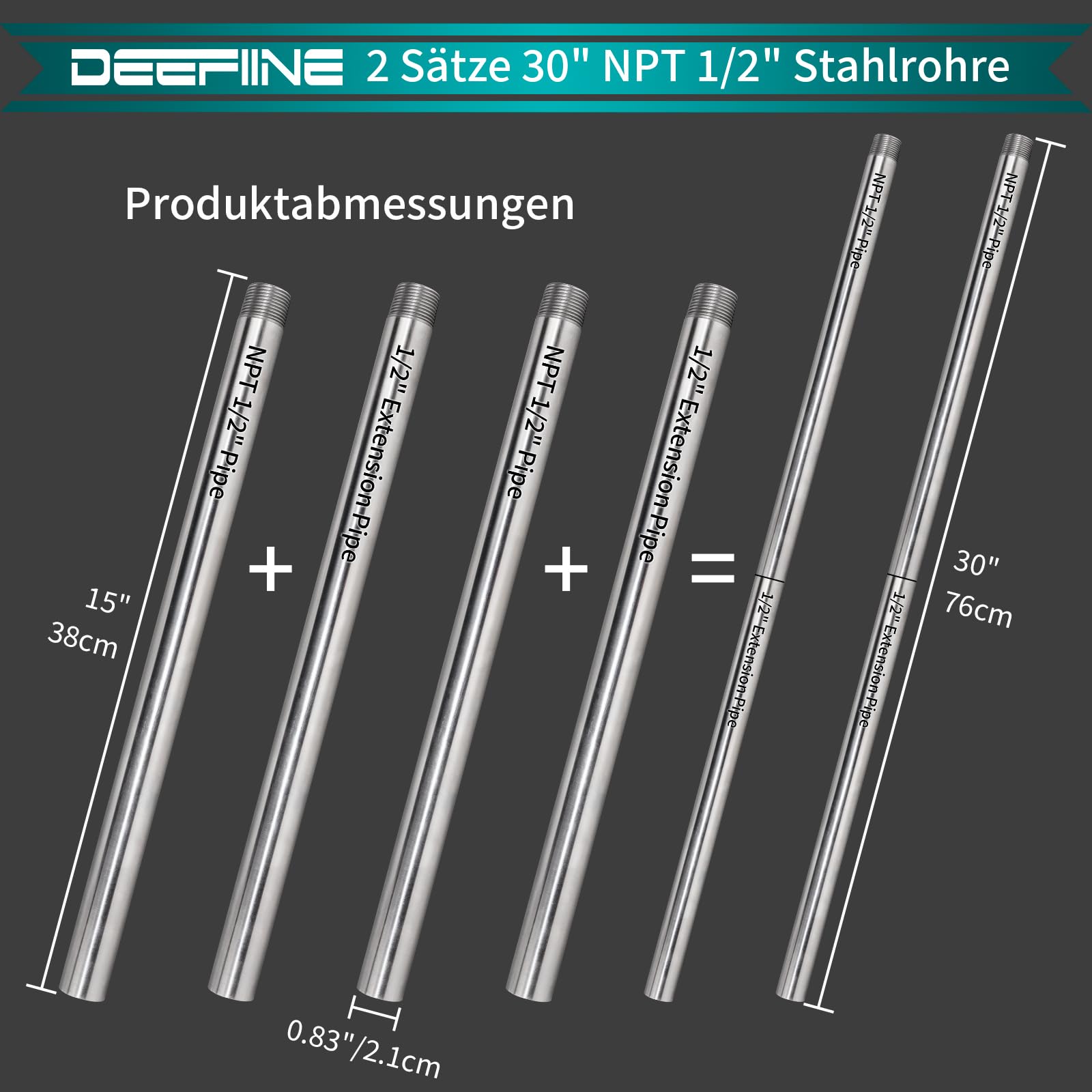 2 Stück 76cm 1/2 Zoll Gewindestandard Edelstahl-Rohrverschraubung Fit rohr-schraubzwinge 1/2 zoll mit 2 Stück 76cm Verlängerungsstänge aus Edelstahl