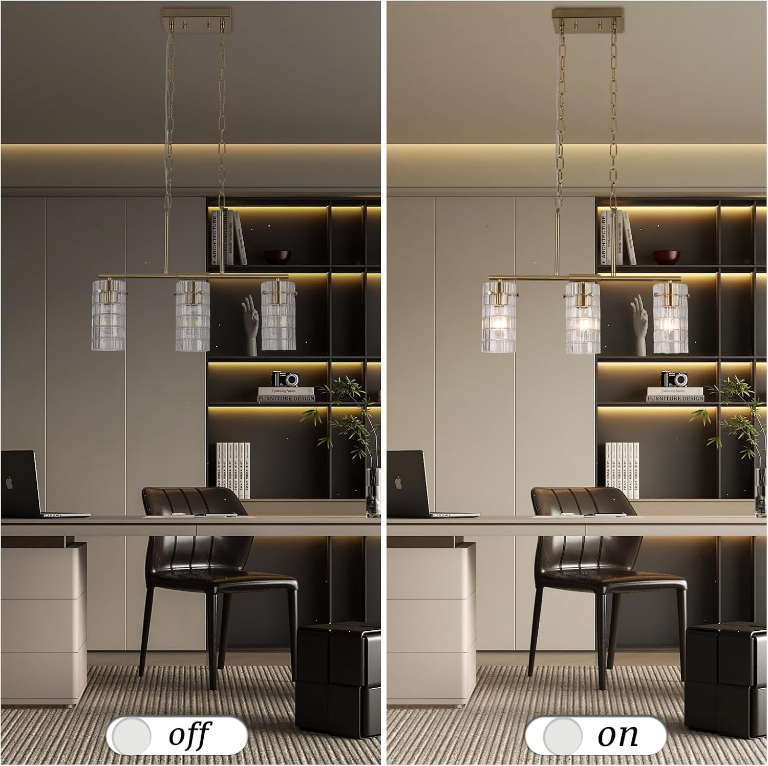 3-Light Kitchen Island Pendant Light, Copper Linear Chandelier with Clear Glass Shades, Adjustable Hanging Dining Room Light Fixture Over Table for Bar,Dining Room