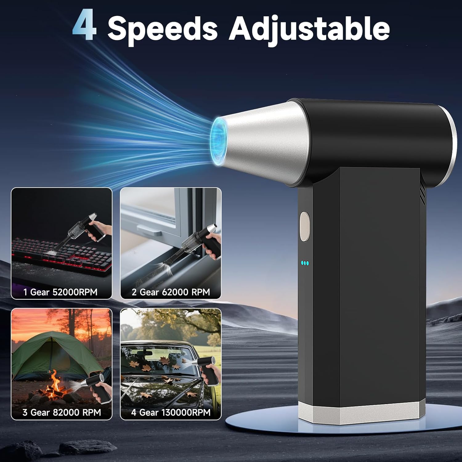 2 in 1 Electric Air Duster and Vacuum,130,000 RPM Powerful Cordless Compressed Air Duster,4 Gear Adjustable Handheld Air Blower,Rechargeable Car Vacuum for Computer,Keyboard,Electronic,Home,Outdoor - Image 6