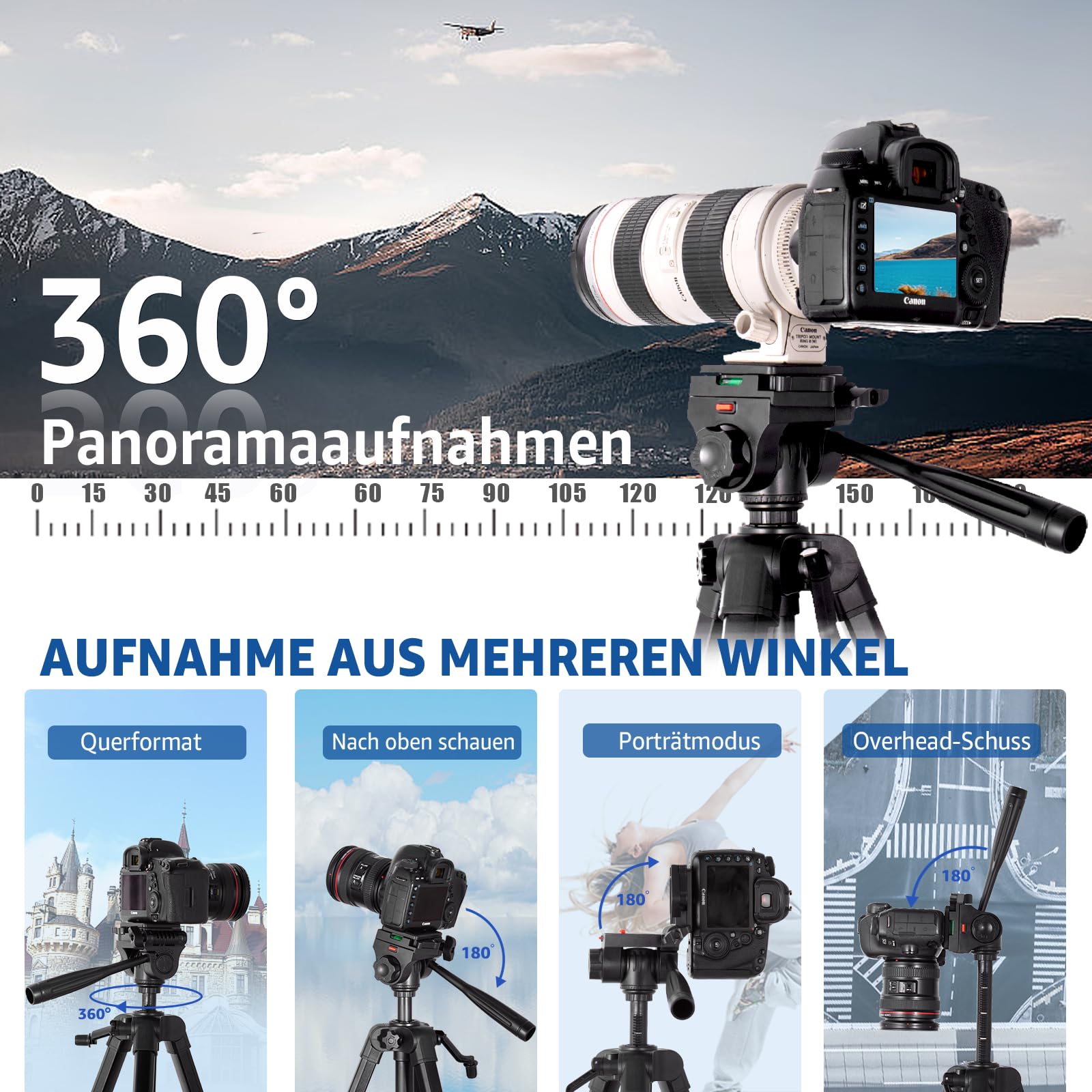 Lusweimi 187cm Kamera Stativ, Aluminium Reisestativ mit 360° Panorama Fluidkopf&2 QR-Platten für Sony/Nikon/Canon, Telefonstativ mit Handyhalter/Fernbedienung für Tiktok/YouTube/Vlog/Video (555+)