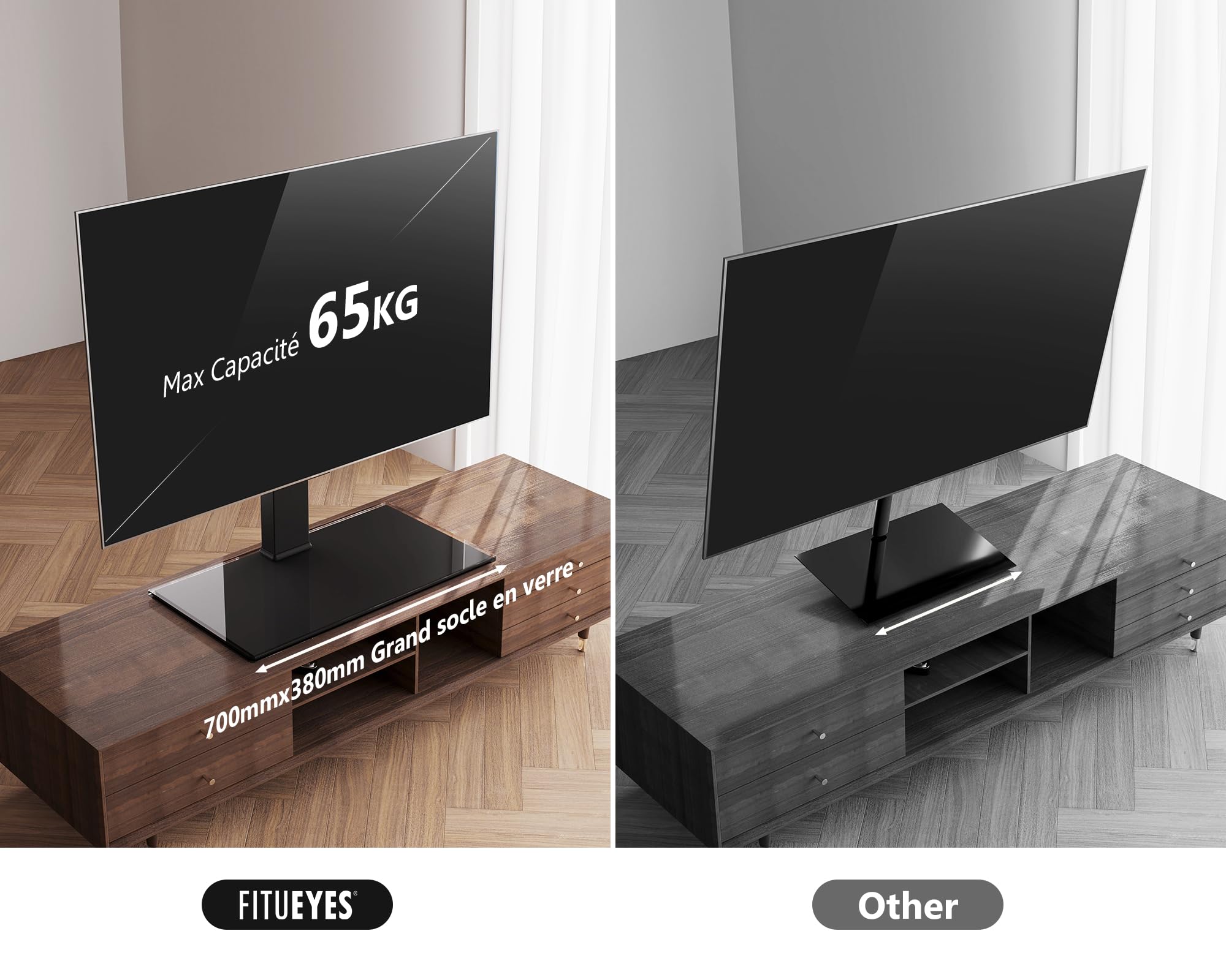 FITUEYES Support TV sur Pied, avec Base en Verre Trempé, 50-85 Pouces