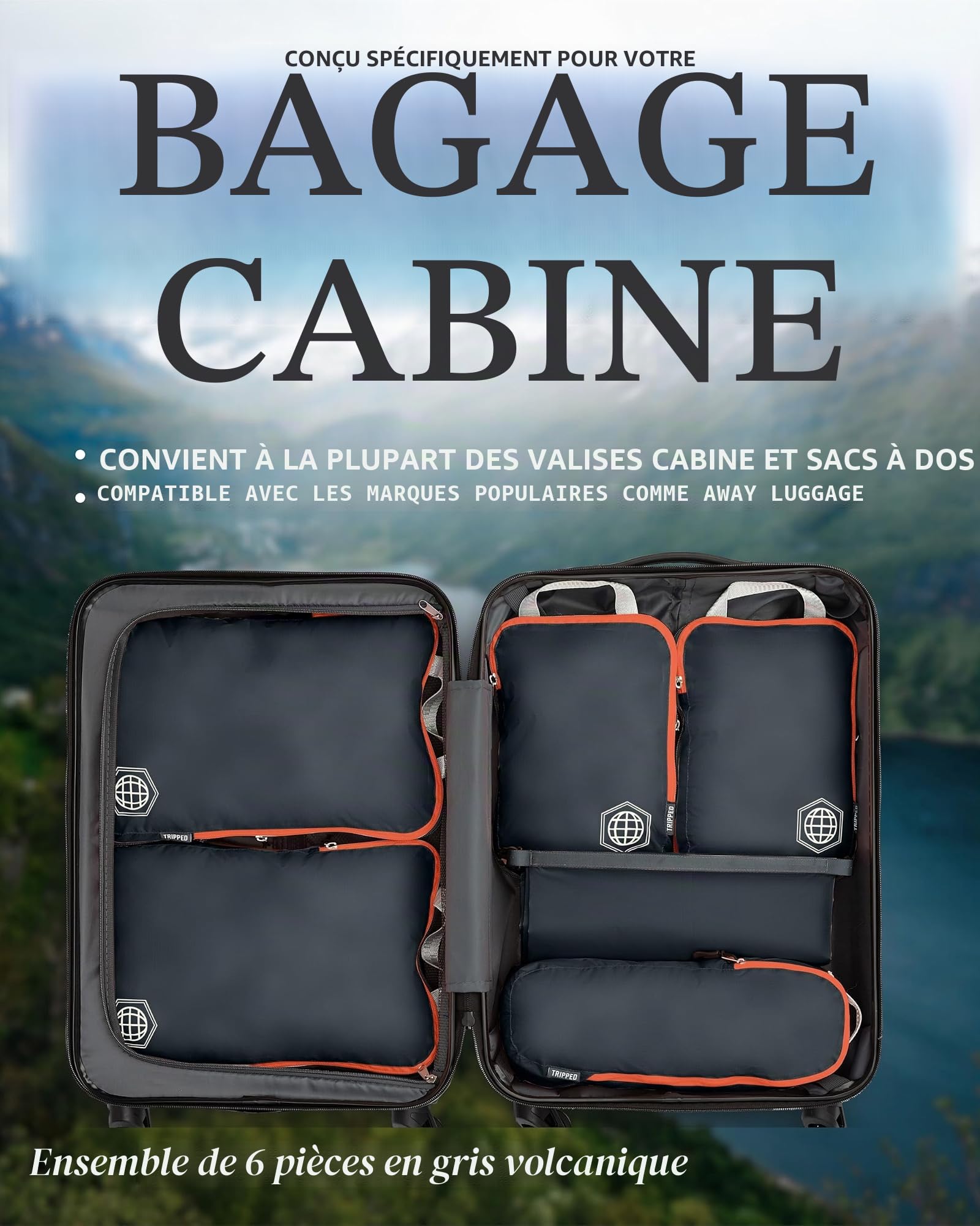 Lot de 6 cubes d'emballage de compression pour voyage, gris et orange