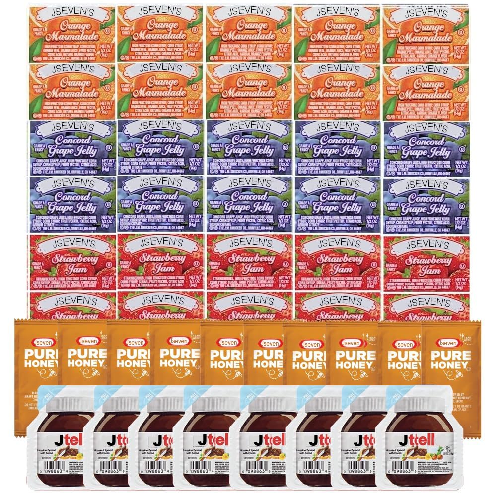 JSeven Jam and Jelly Preserves Assorted Bundle - Mini Jam Gift Set with Strawberry Jam, Grape Jelly, Orange Marmalde, Nutelle Chocolate, Honey, Single Serve Jelly and Jam Bundle