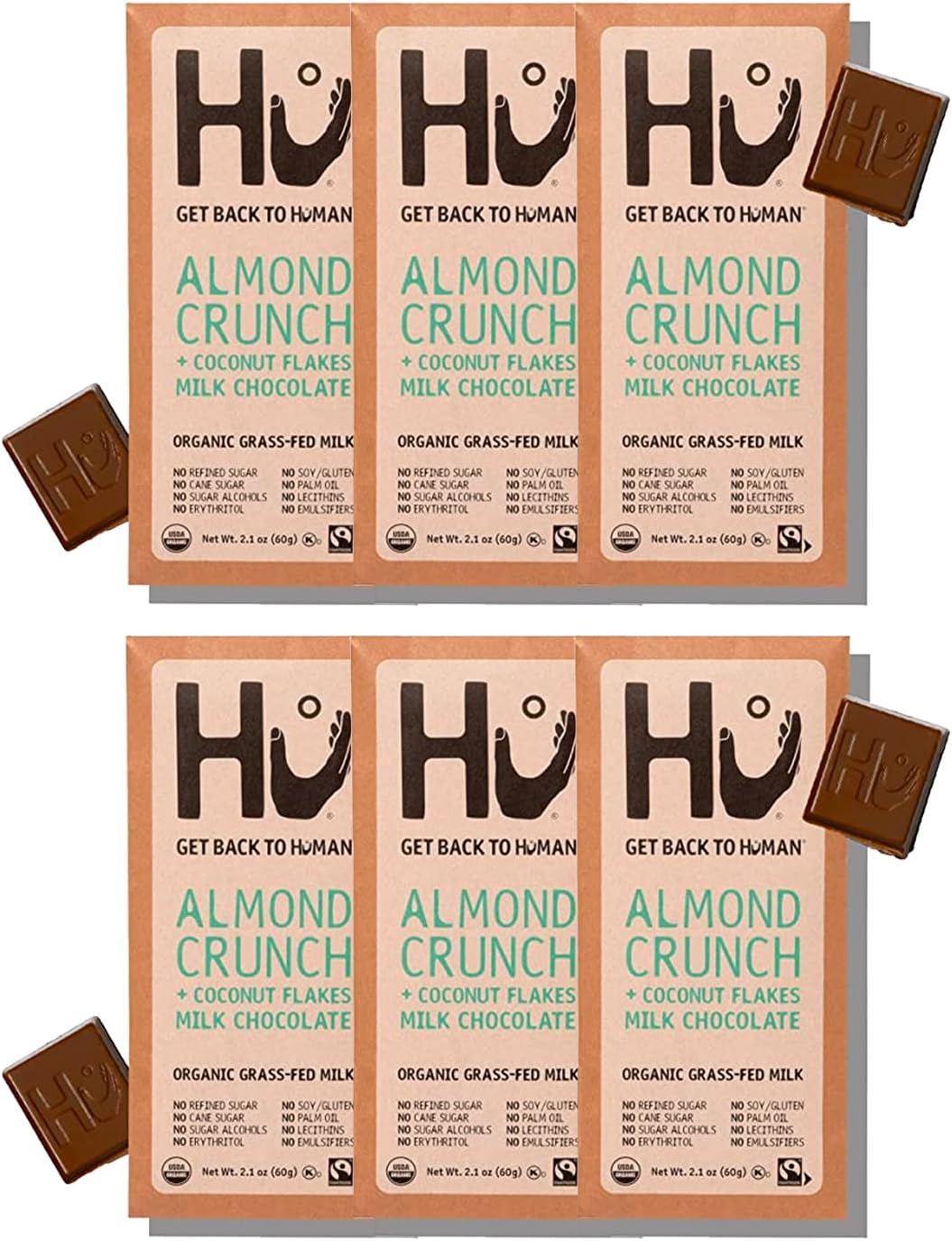 Hu Grass-Fed Milk Chocolate Bars Almond Coconut Crunch | Natural Ingredients, Organic Milk, Gluten Free, Paleo, Non GMO, Fair Trade Delicious Chocolate | 6 Pack | 2.1oz Each
