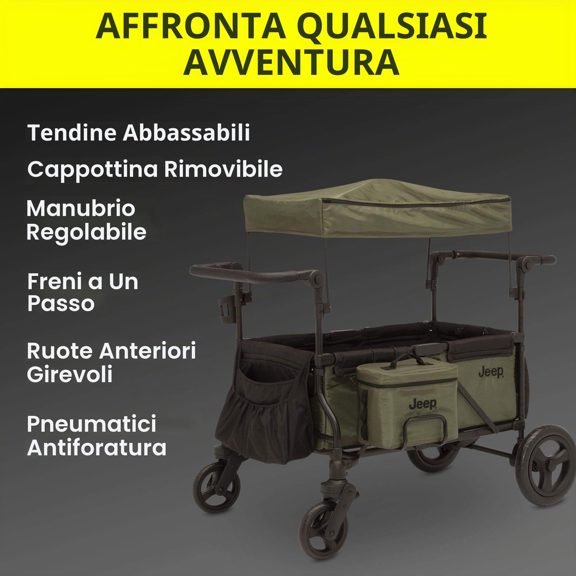 Delta Children Passeggino Jeep Deluxe Wrangler – include borsa frigo, organizer genitore e adattatore per seggiolino auto, nero/verde