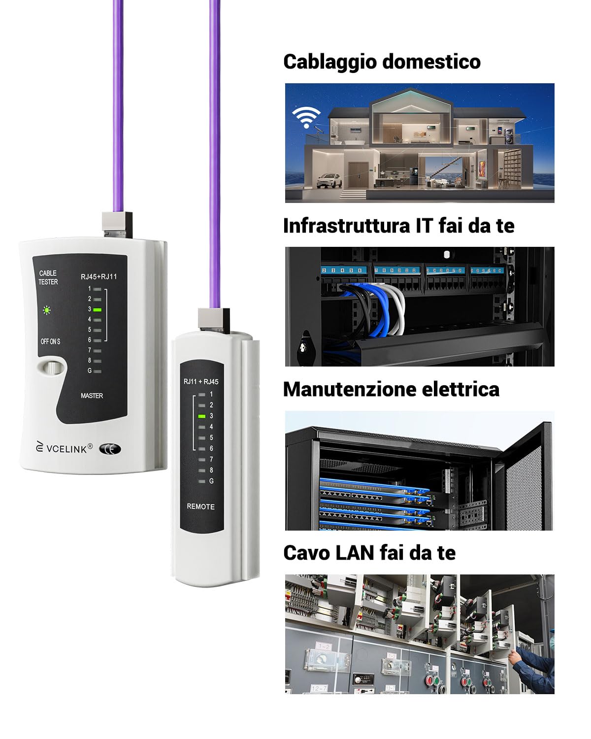 VCELINK Tester Cavi di Rete, Tester RJ45 Professionale POE, Test Ethernet per RJ45/RJ11/RJ12, Grigio