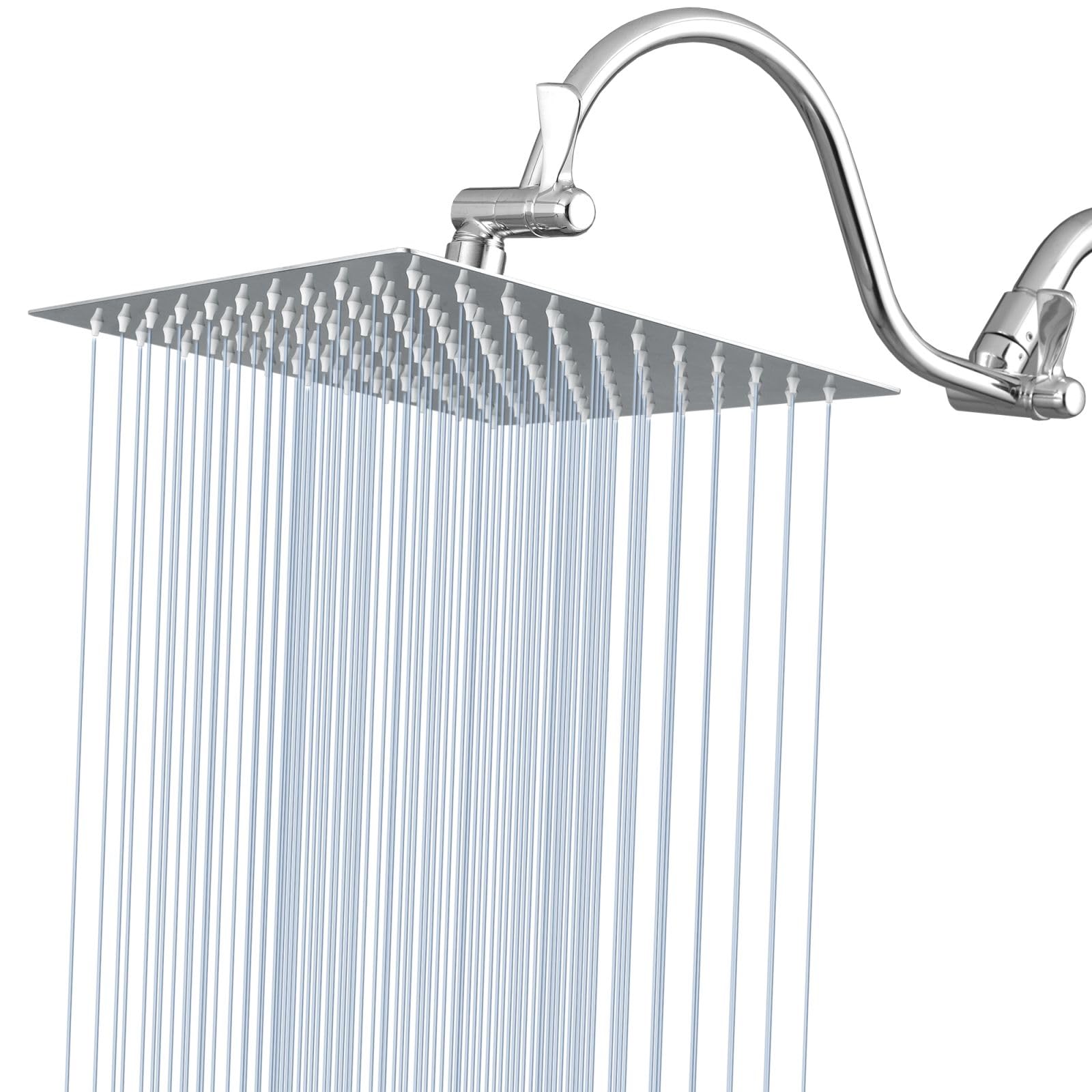 Voolan Soffione doccia a pioggia quadrato da 25,4 cm con braccio di estensione da 35,6 cm, angolo e altezza regolabili, soffione doccia a pioggia ad alta pressione in acciaio inox, 2,5 GPM cromato