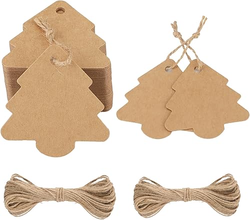 jijAcraft Etiquetas de regalo de Navidad – 100 etiquetas navideñas de papel kraft marrón con cuerda, etiquetas de nombre en blanco para árbol de