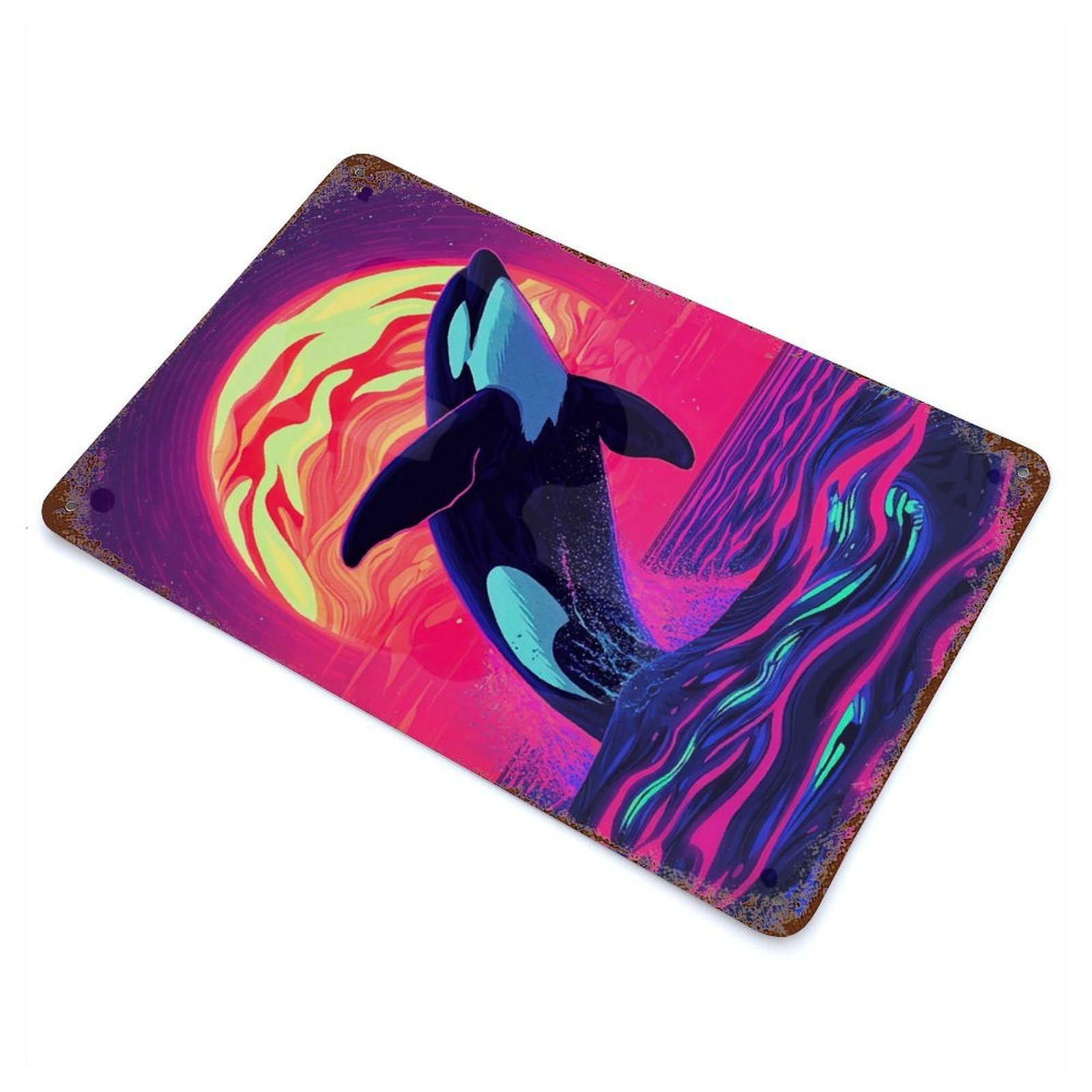 Orca Leaping Neon Sunset Rust Effect Tin Sign 11.8"x7.9", for Bistro, Counter And Cafe Decor, Shabby Chic Decor