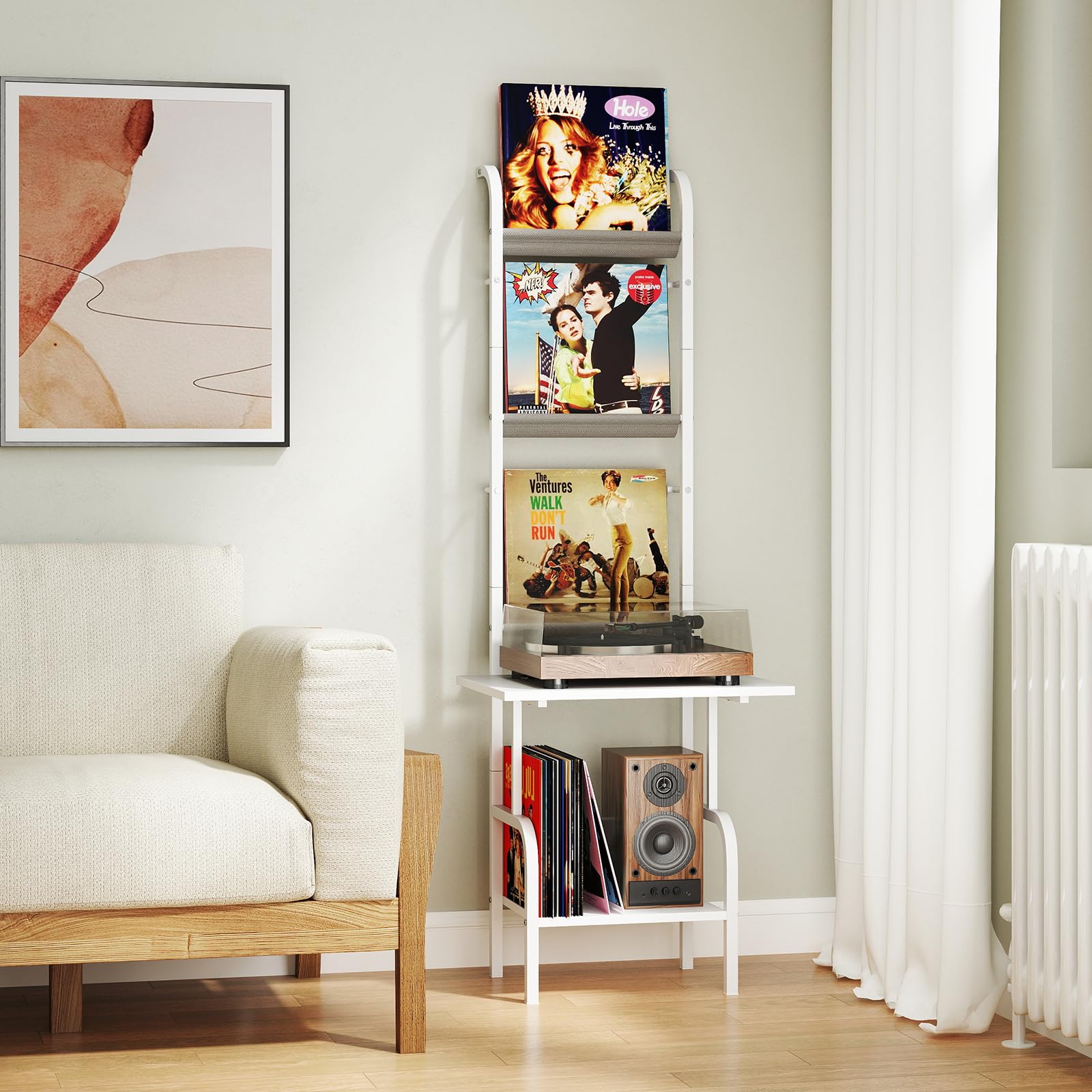 GOPLUS Soporte para Tocadiscos con Almacenamiento de 5 Niveles, Estantería Organizador para Vinilos con Juegos Antivuelco, Soporte para Tocadiscos con 3 Estantes para Discos de Vinilo (Blanco)