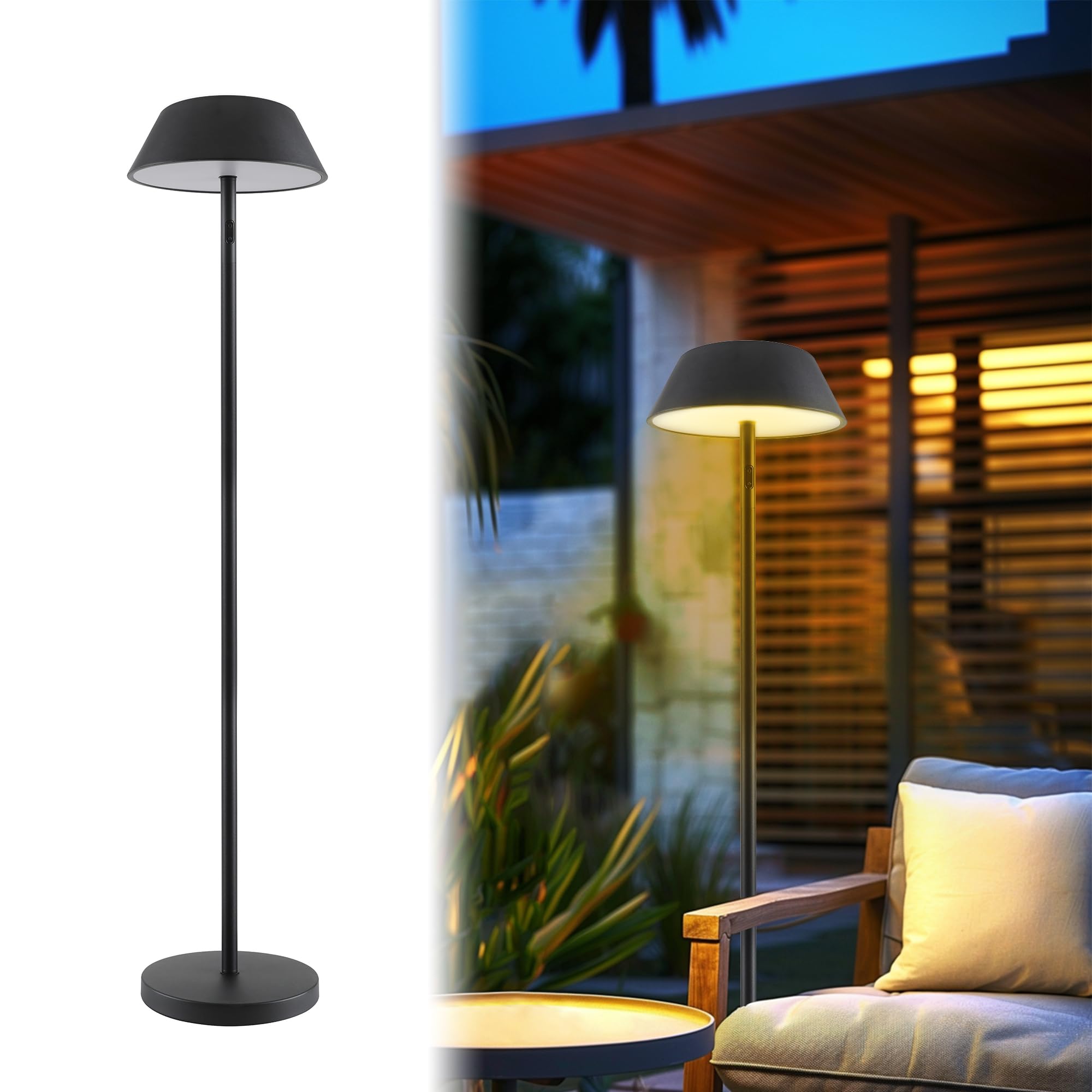 Outdoor Solar Powered Floor Lamp for Patios, Decks, Outdoor Living Spaces, Reading - Tall, Ultra Bright, Cordless, 3 Different Light Colors, Charge Battery by Solar or USB-C (2024 Solar Lamp)