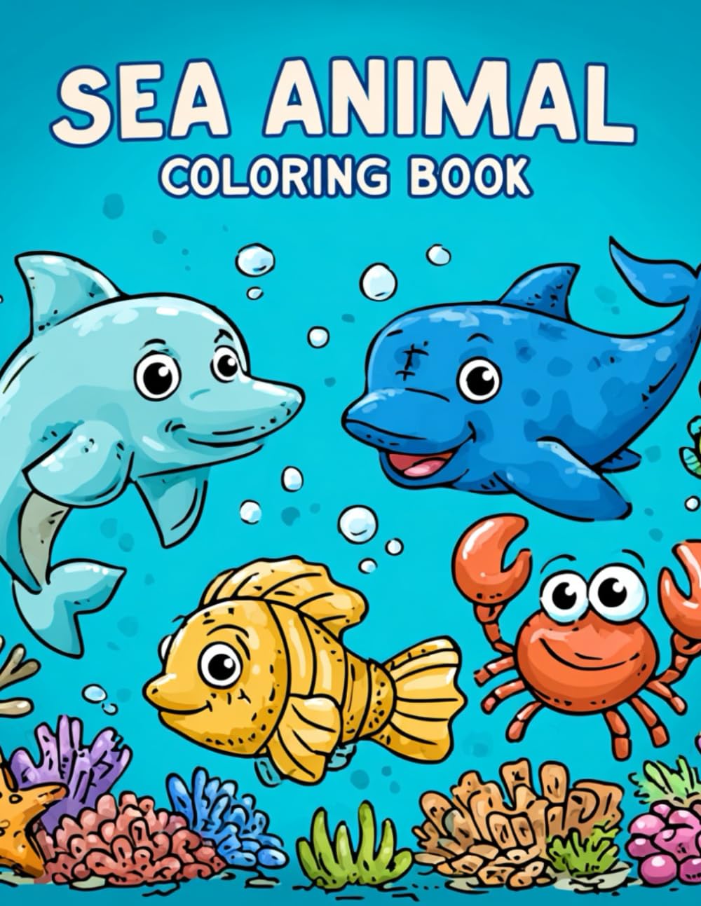 Sea Animal Coloring Book for Kids Ages 4 and above: 90 Fun Ocean Creatures to Color (Dolphins, Sharks, Turtles, Fish & More!): Cute Underwater Scenes for Learning, Creativity & Relaxation