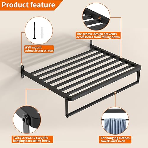 Miniatura 6 de 4 estantes de lavandería montados en la pared, con 2 varillas para colgar ropa, 2 ganchos móviles y 1 tenedor para colgar ropa