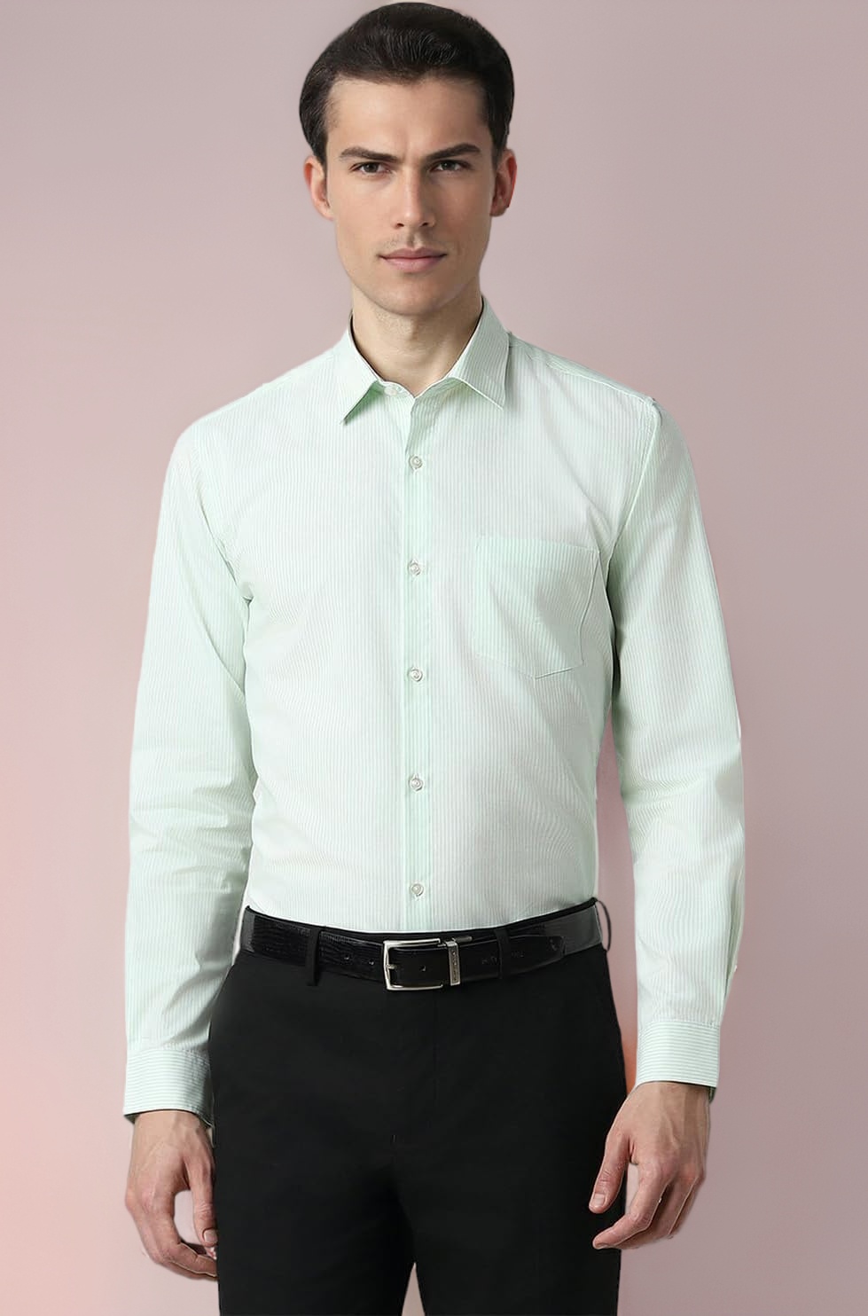 Peter England Men's Slim Fit Full Sleeve Pin-Striped Formal Shirt | Cotton-Rich | Wonder Fabric | Pin Point Oxford