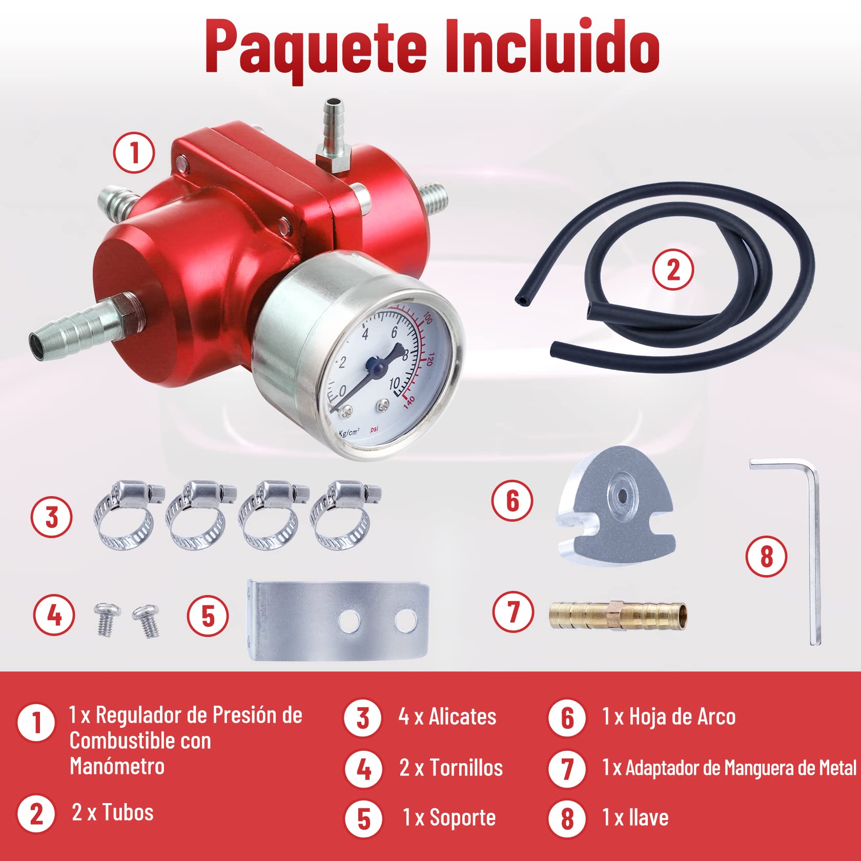 CarBole Regulador de presión de combustible para coche, 1-140 psi, regulador de presión de gasolina, aleación de aluminio con manómetro y manguera